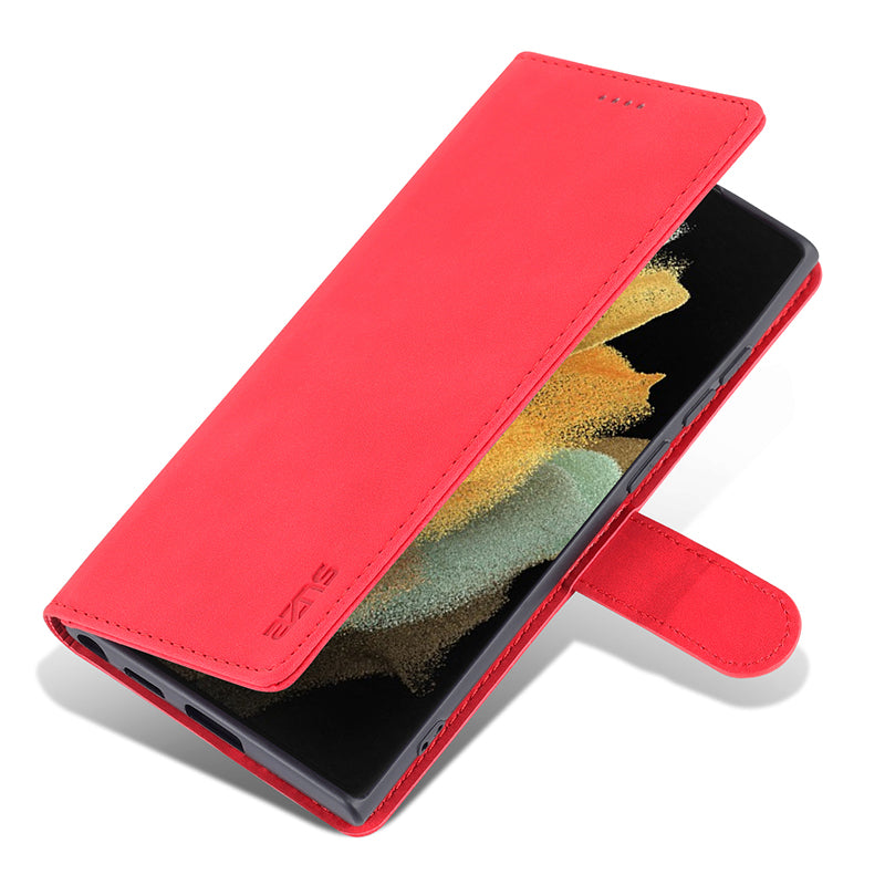 AZNS For Samsung Galaxy S24 Ultra Case Leather Protected Fully Folio Flip Stand Phone Shell - Red