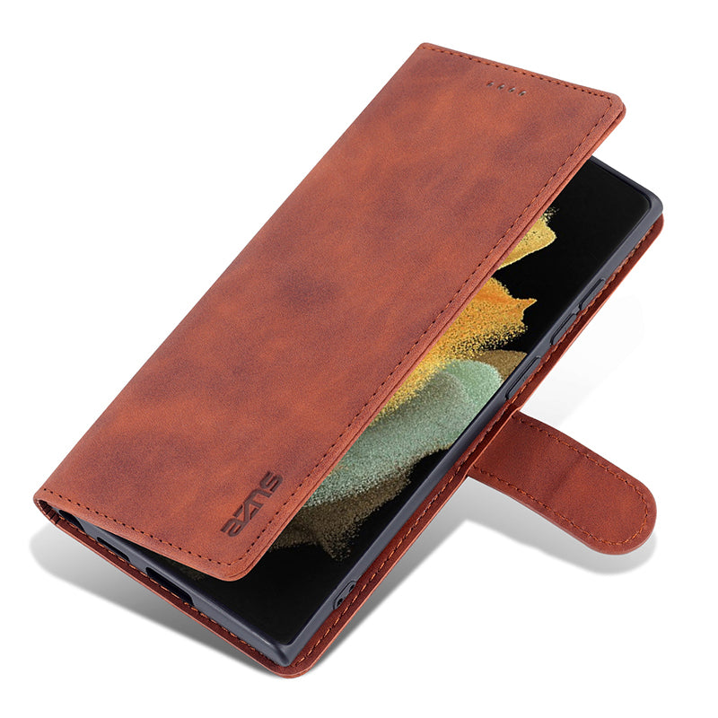 AZNS For Samsung Galaxy S24 Ultra Case Leather Protected Fully Folio Flip Stand Phone Shell - Brown