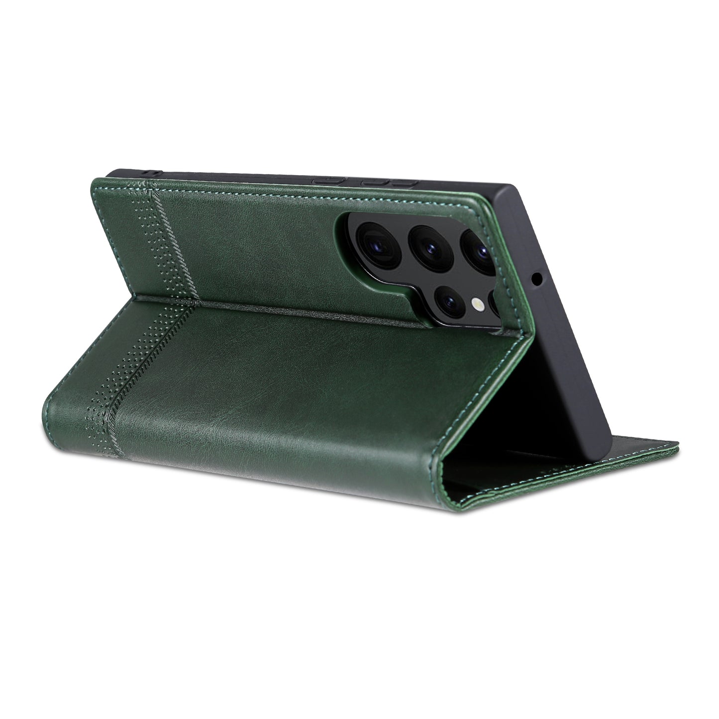 AZNS For Samsung Galaxy S24 Ultra Case Magnetic Suction Leather Phone Cover with Wallet Stand - Dark Green