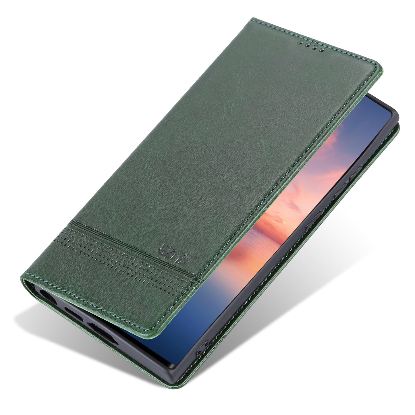 AZNS For Samsung Galaxy S24 Ultra Case Magnetic Suction Leather Phone Cover with Wallet Stand - Dark Green