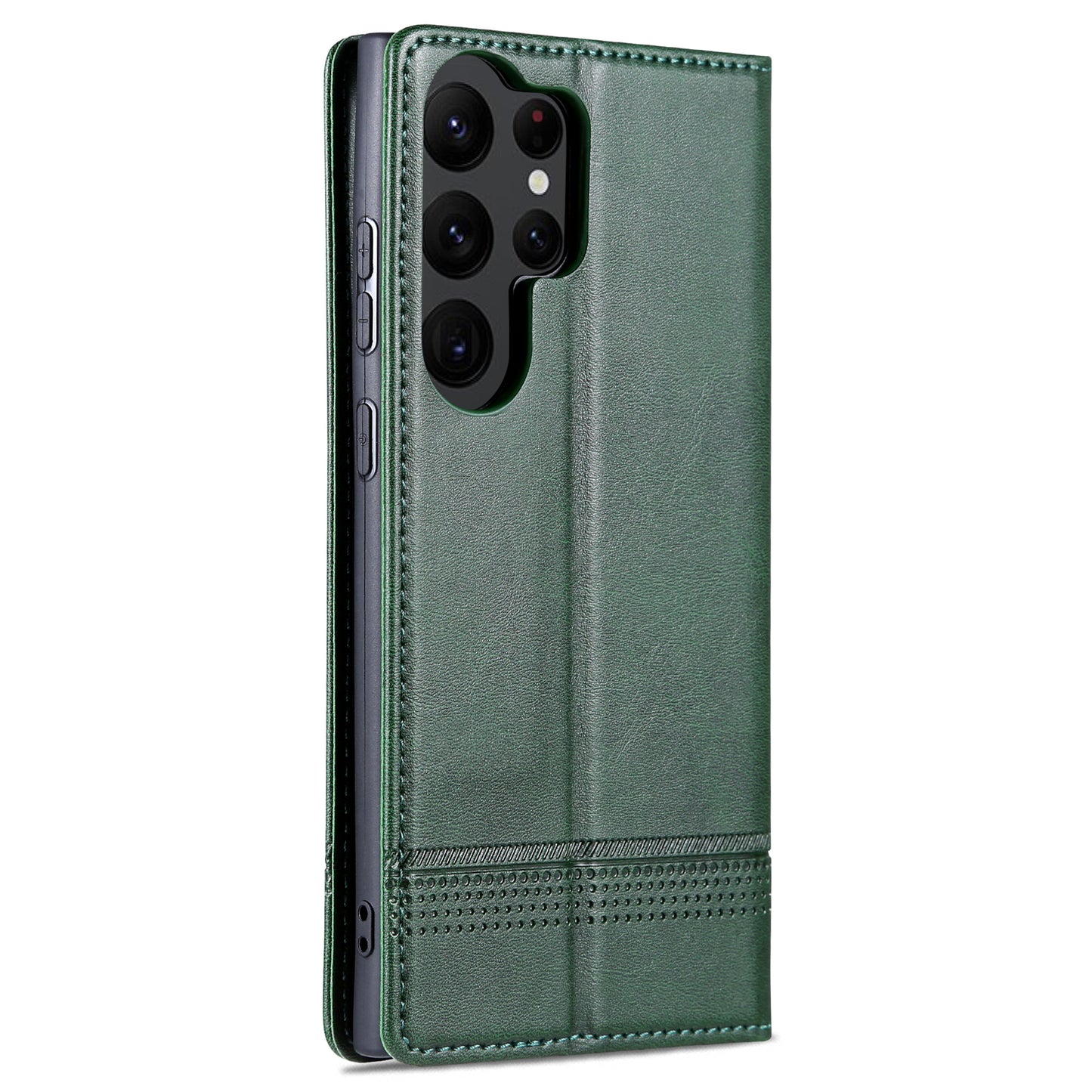 AZNS For Samsung Galaxy S24 Ultra Case Magnetic Suction Leather Phone Cover with Wallet Stand - Dark Green
