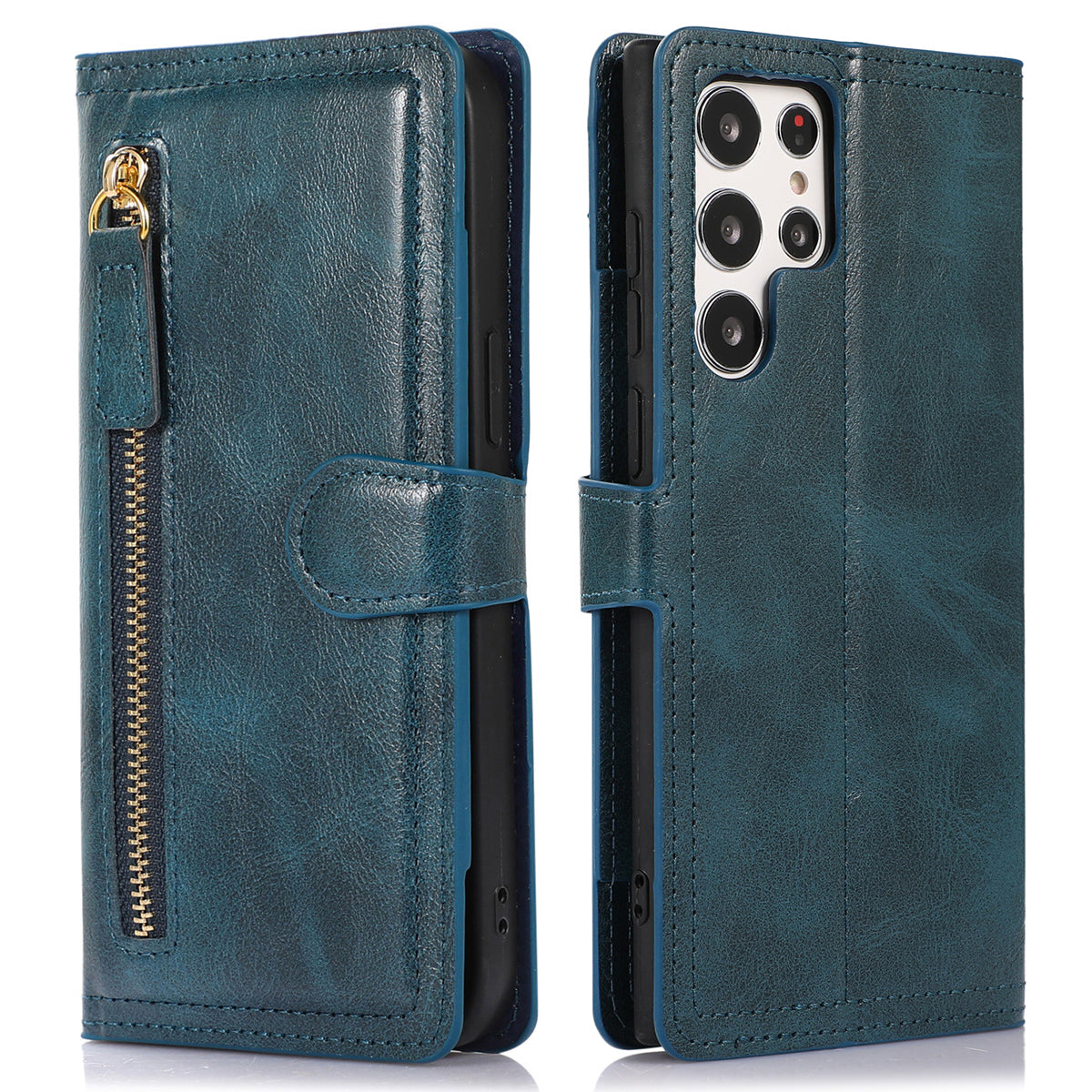 For Samsung Galaxy S24 Ultra Case Zipper Pocket PU Leather Wallet Stand Phone Cover - Blue