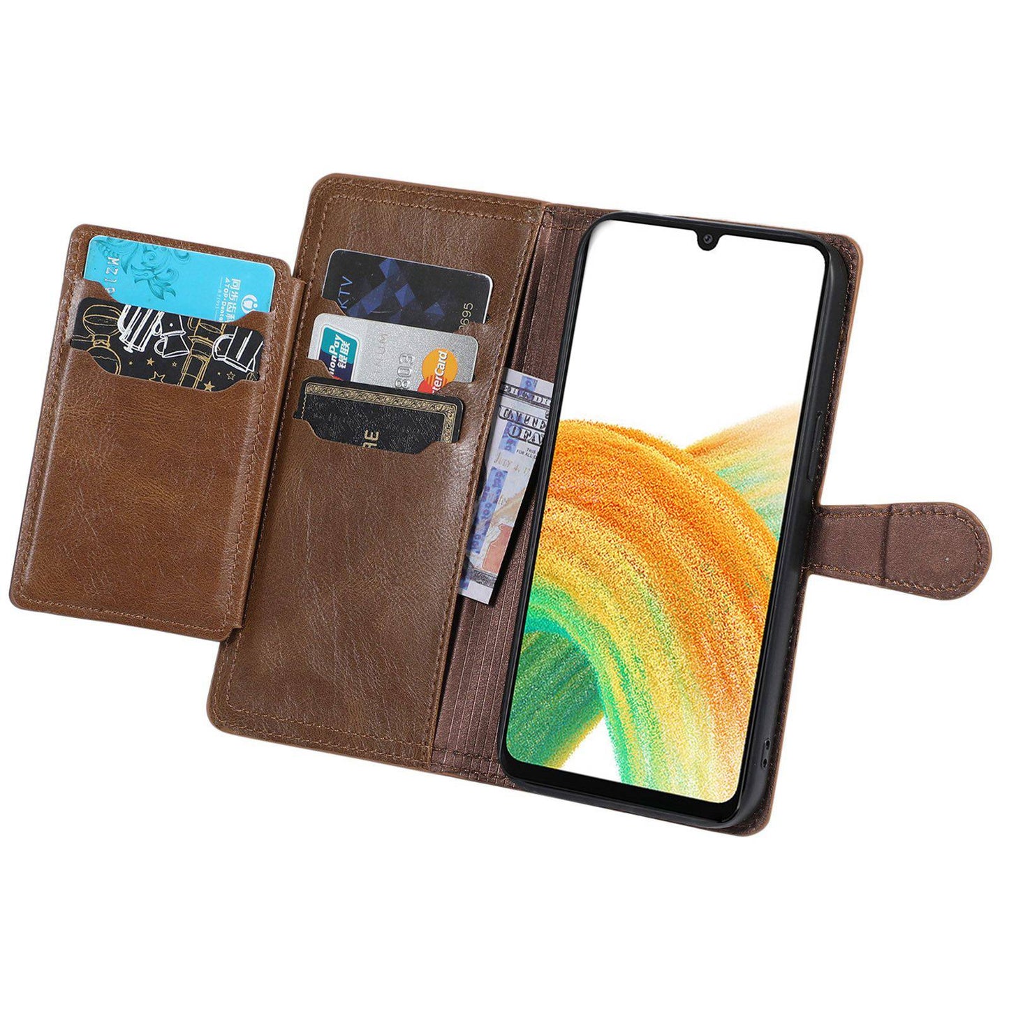 For Samsung Galaxy S24 Ultra Case Zipper Pocket PU Leather Wallet Stand Phone Cover - Brown