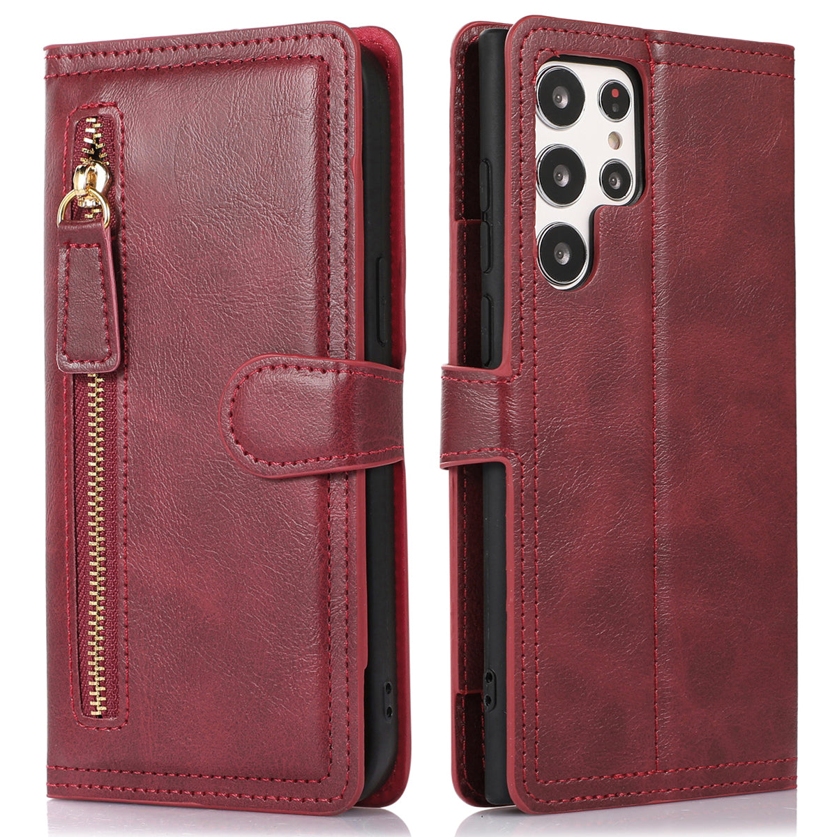For Samsung Galaxy S24 Ultra Case Zipper Pocket PU Leather Wallet Stand Phone Cover - Red