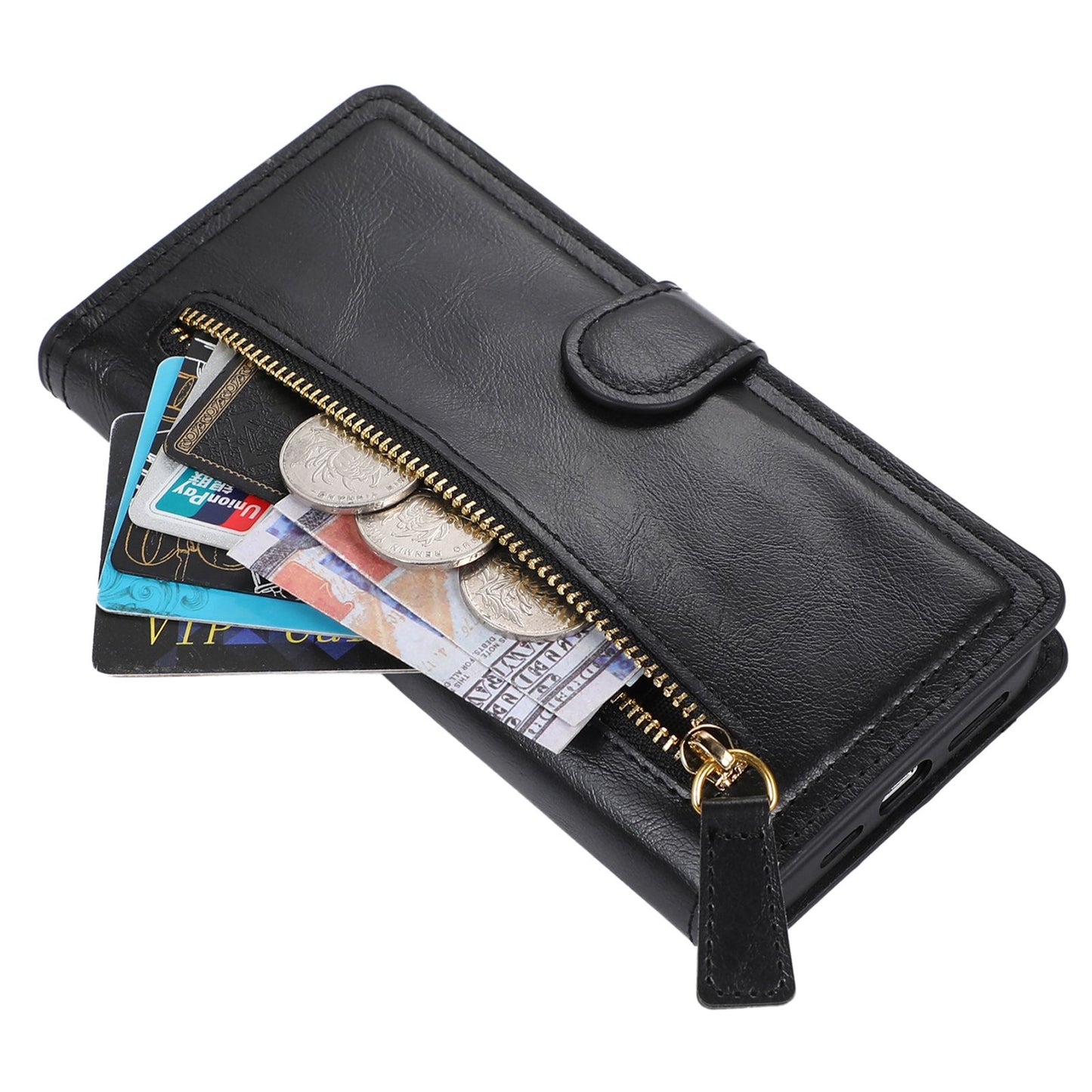 For Samsung Galaxy S24 Ultra Case Zipper Pocket PU Leather Wallet Stand Phone Cover - Black
