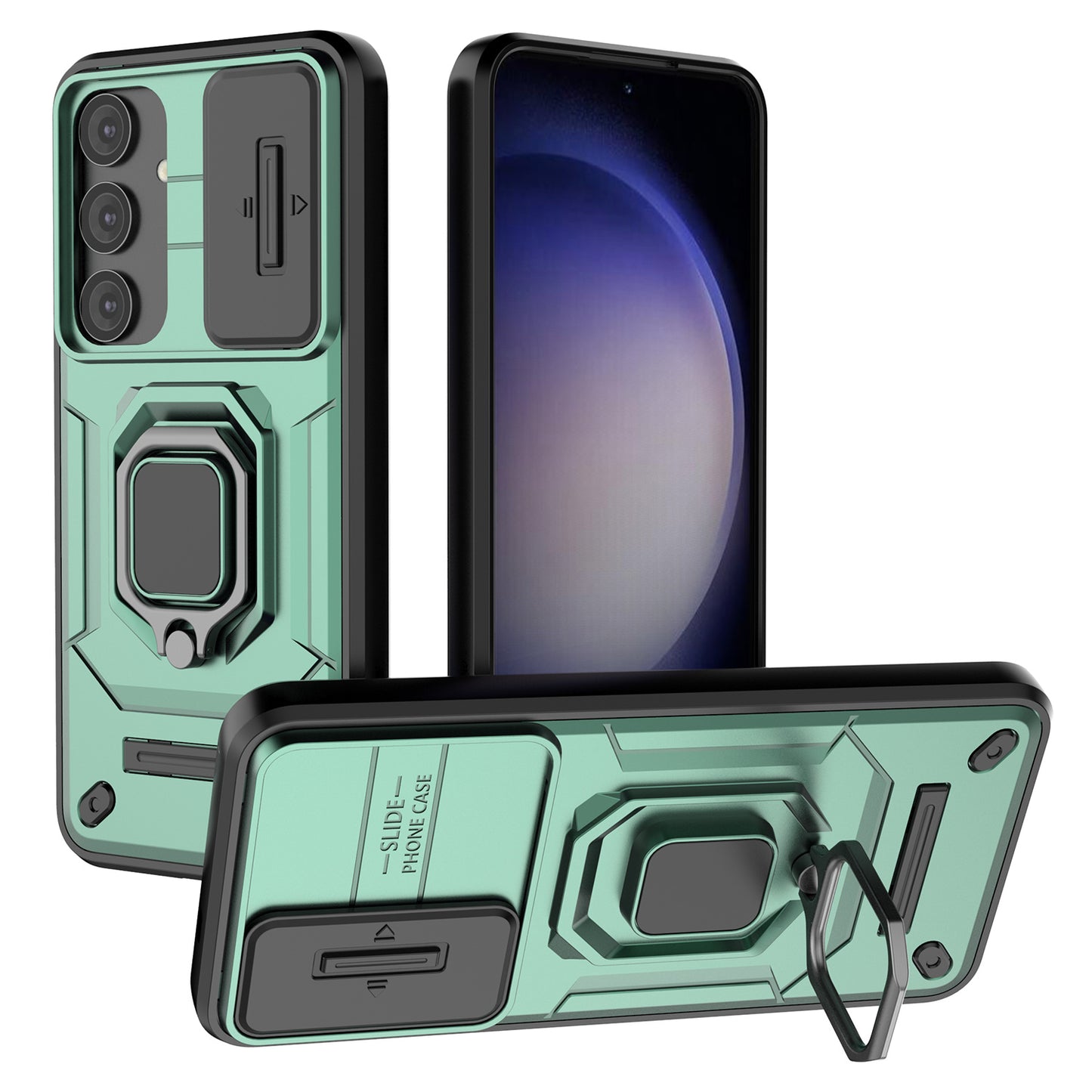 For Samsung Galaxy S24+ Case Anti-fall PC+TPU Kickstand Cover with Slide Lens Protection - Green