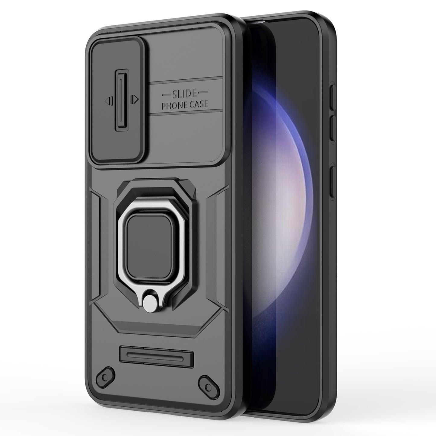 For Samsung Galaxy S24+ Case Anti-fall PC+TPU Kickstand Cover with Slide Lens Protection - Black