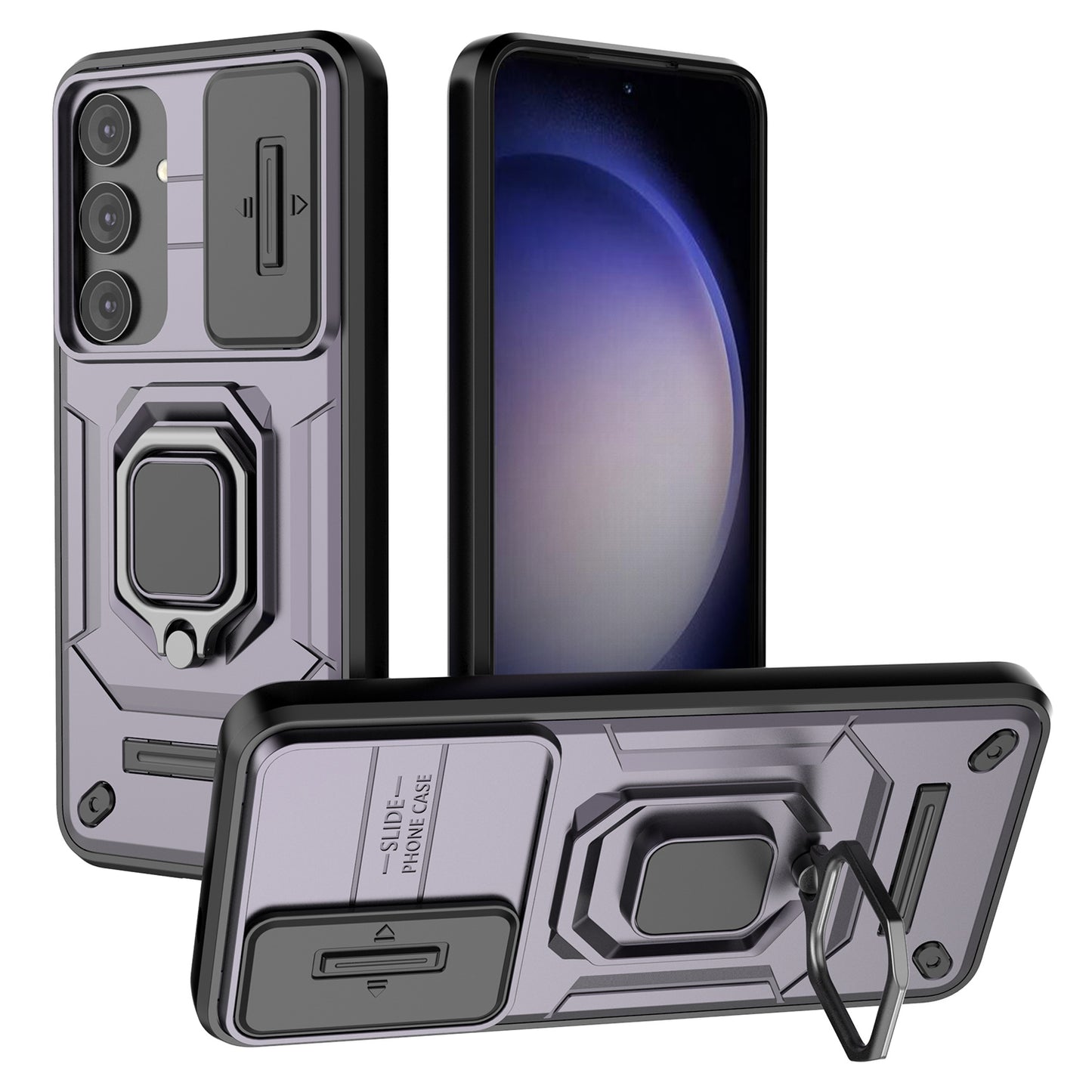 For Samsung Galaxy S24+ Case Anti-fall PC+TPU Kickstand Cover with Slide Lens Protection - Purple