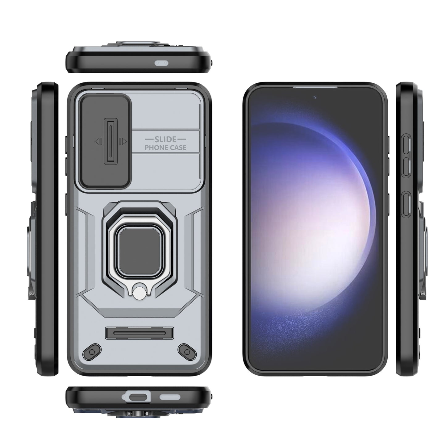 For Samsung Galaxy S24+ Case Anti-fall PC+TPU Kickstand Cover with Slide Lens Protection - Grey
