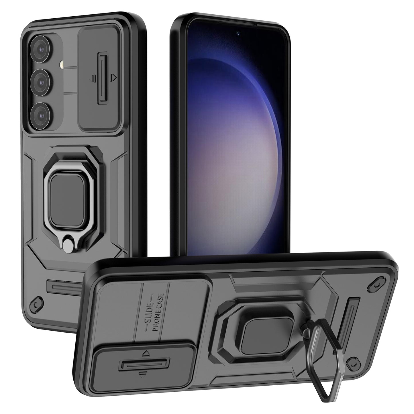 For Samsung Galaxy S24 Case Shockproof PC + TPU Slide Lens Kickstand Phone Cover - Black