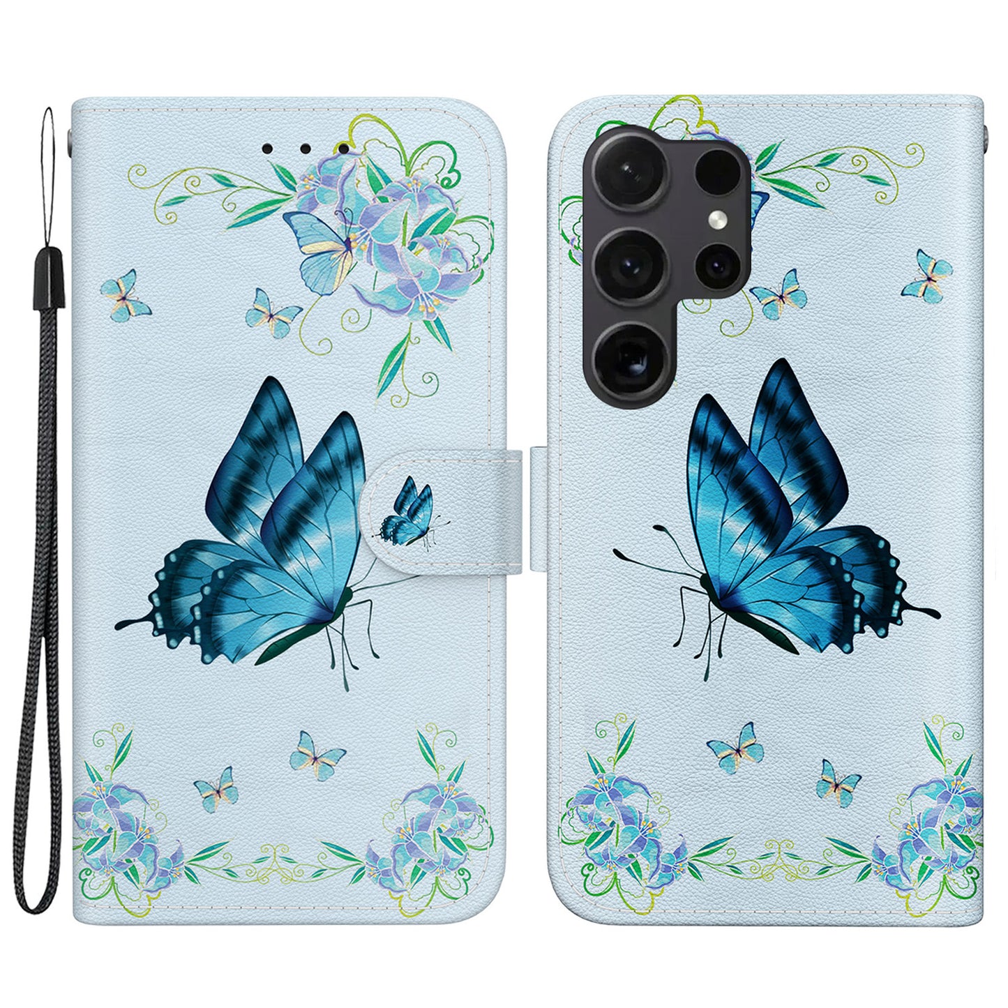 For Samsung Galaxy S24 Ultra Case PU Leather 3D Pattern Flip Phone Cover - Blue Butterfly Flower