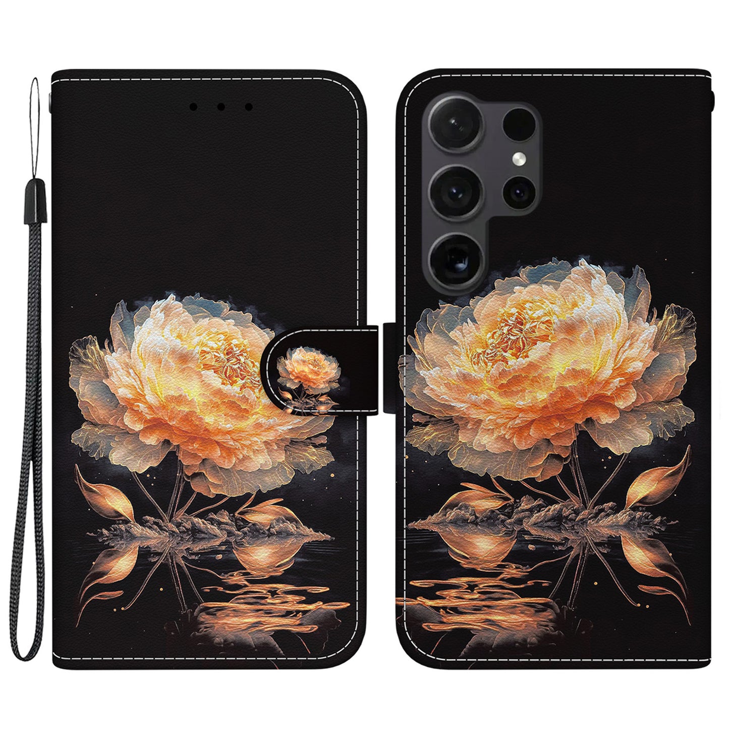 For Samsung Galaxy S24 Ultra Case PU Leather 3D Pattern Flip Phone Cover - Gold Peony