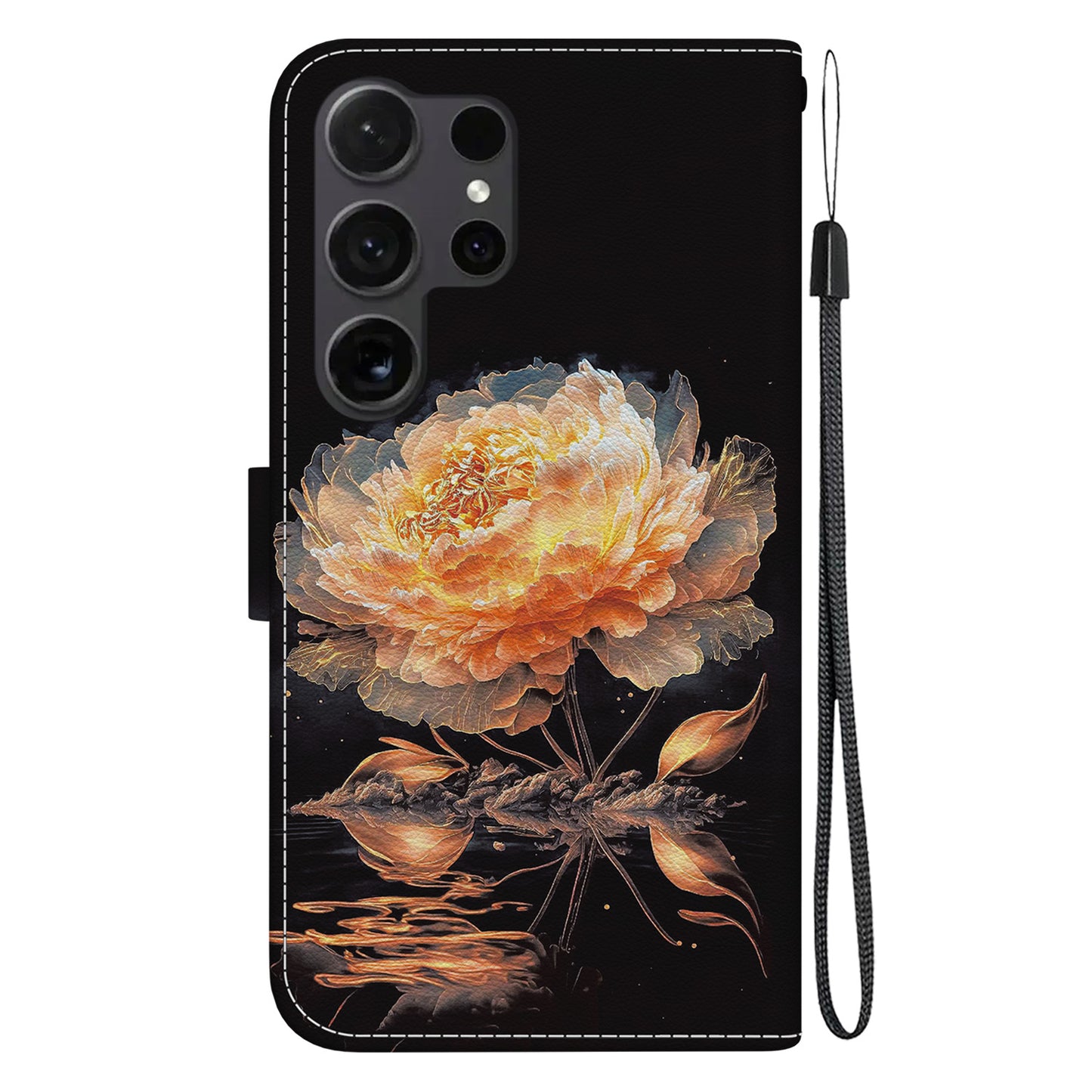 For Samsung Galaxy S24 Ultra Case PU Leather 3D Pattern Flip Phone Cover - Gold Peony