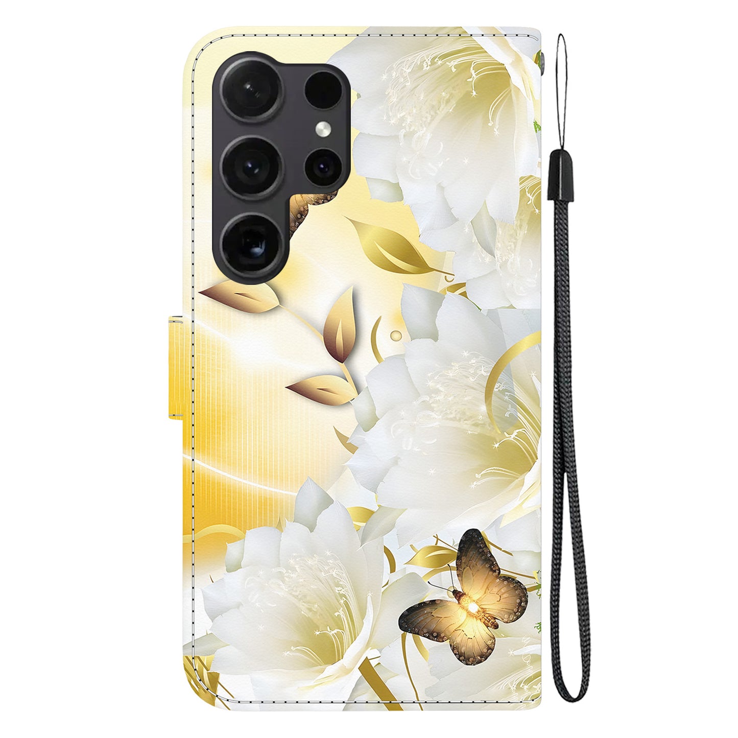 For Samsung Galaxy S24 Ultra Case PU Leather 3D Pattern Flip Phone Cover - Gold Butterfly Flower