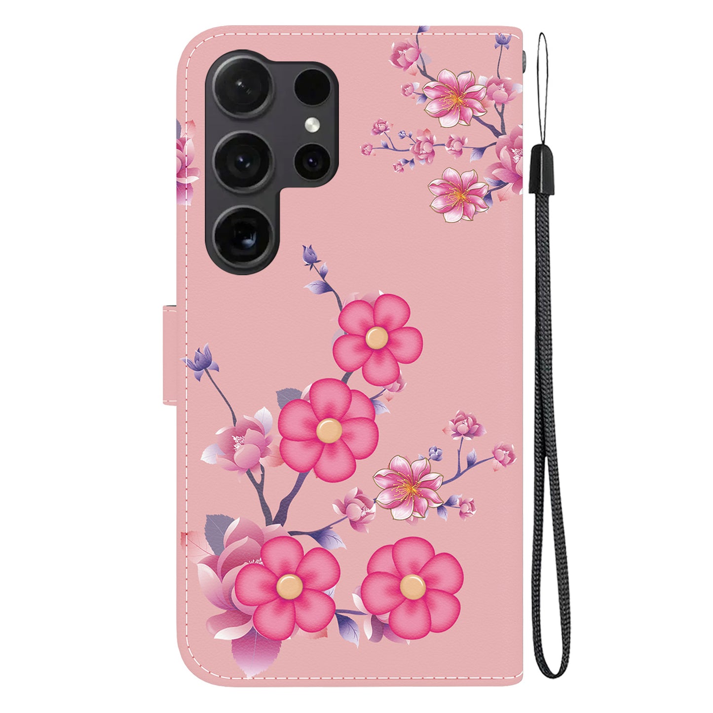 For Samsung Galaxy S24 Ultra Case PU Leather 3D Pattern Flip Phone Cover - Sakura