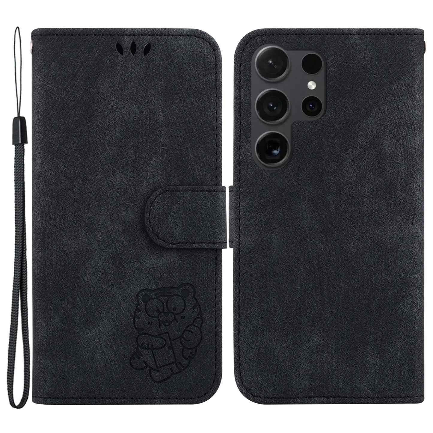 For Samsung Galaxy S24 Ultra Case Lovely Tiger Imprinted PU Leather Flip Cell Phone Cover - Black