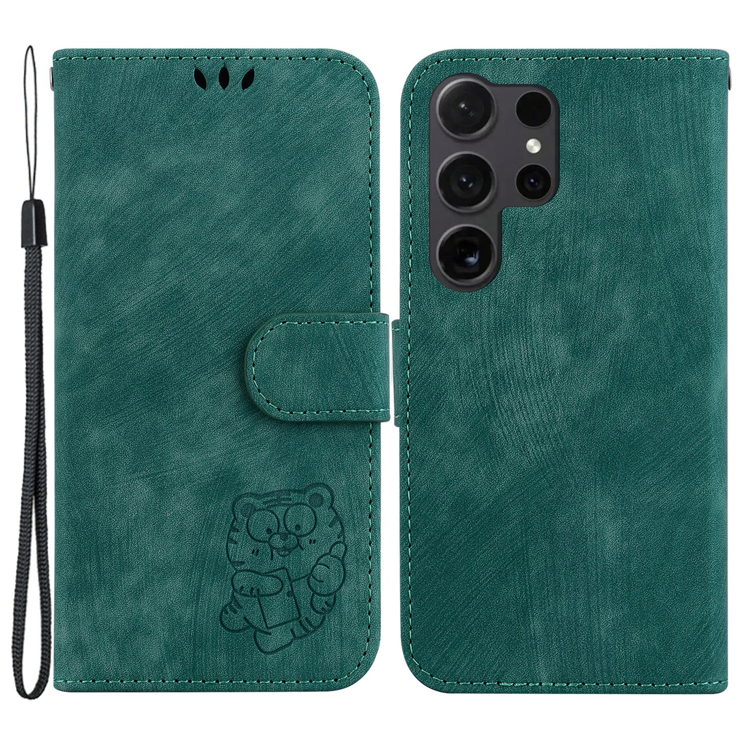 For Samsung Galaxy S24 Ultra Case Lovely Tiger Imprinted PU Leather Flip Cell Phone Cover - Green