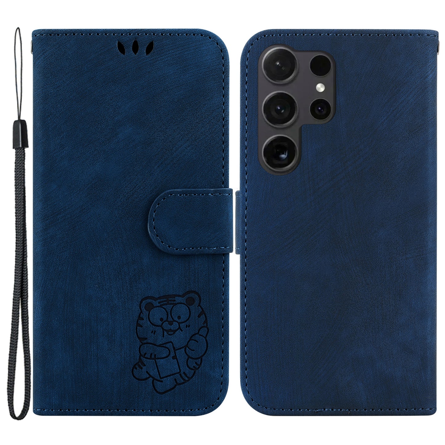 For Samsung Galaxy S24 Ultra Case Lovely Tiger Imprinted PU Leather Flip Cell Phone Cover - Dark Blue