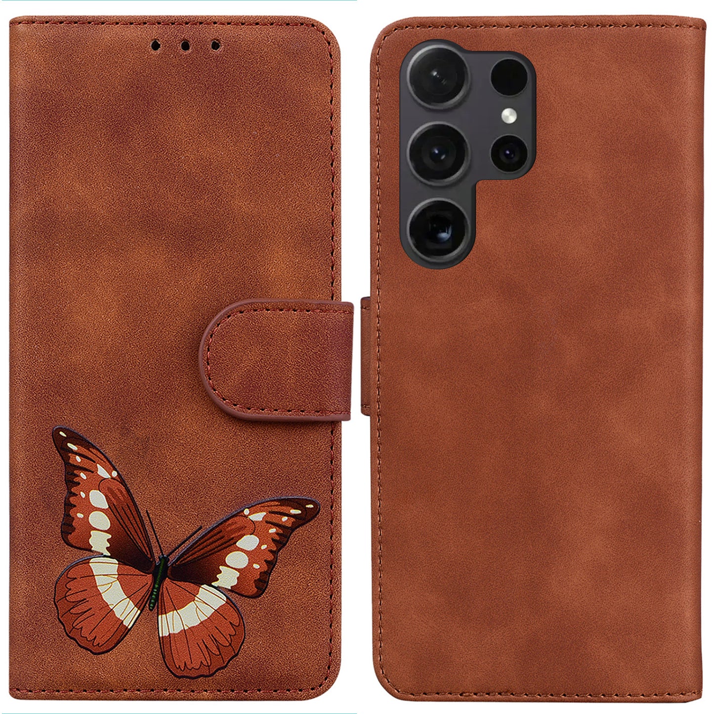 For Samsung Galaxy S24 Ultra Case Leather Butterfly Printing Wallet Phone Stand Cover - Brown