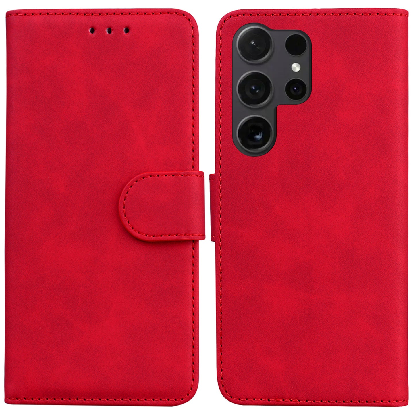 For Samsung Galaxy S24 Ultra Solid Color Mobile Phone Cover Case PU Leather Phone Shell Wallet - Red