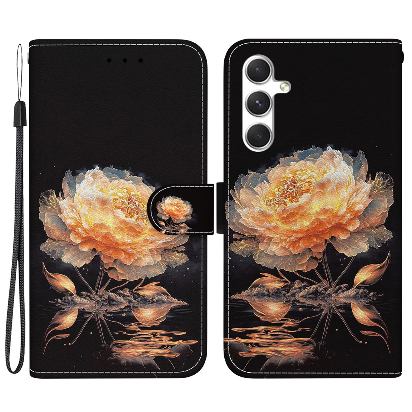 For Samsung Galaxy S24 Case Anti-Drop 3D Pattern PU Leather Phone Cover - Gold Peony