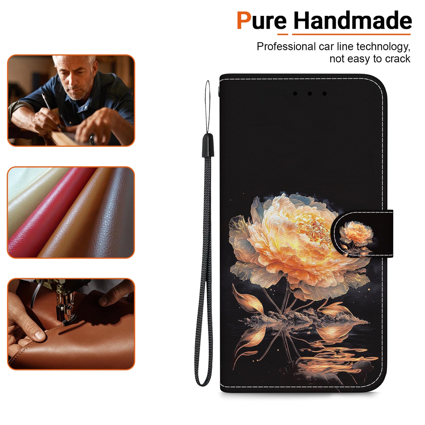 For Samsung Galaxy S24 Case Anti-Drop 3D Pattern PU Leather Phone Cover - Gold Peony