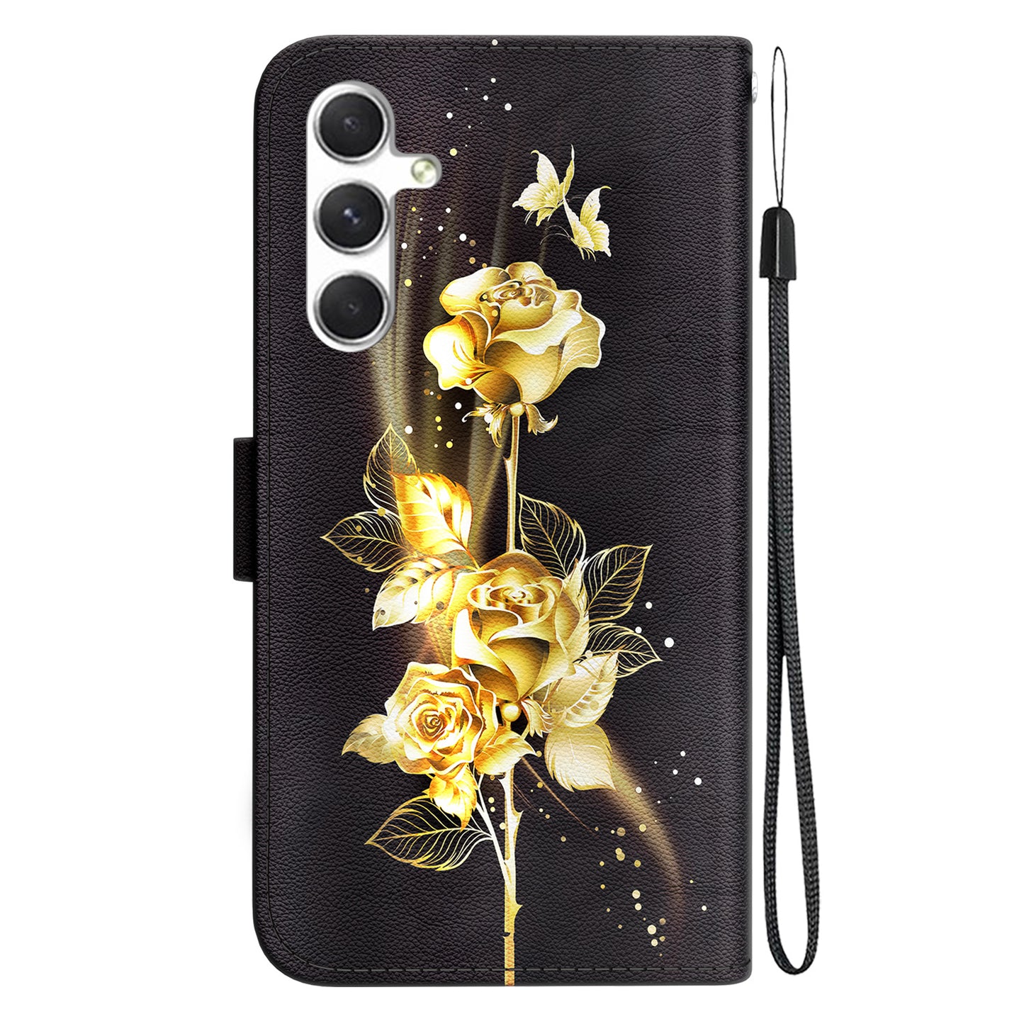 For Samsung Galaxy S24+ Case Pattern Printing PU Leather Flip Cover Shockproof Phone Case - Gold Butterfly Rose