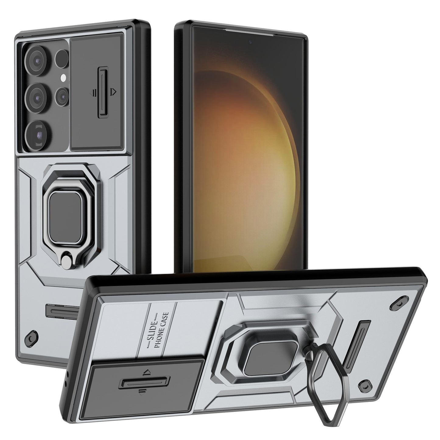 For Samsung Galaxy S24 Ultra Case Anti-Drop PC+TPU Kickstand Cover with Slide Lens Protection - Grey
