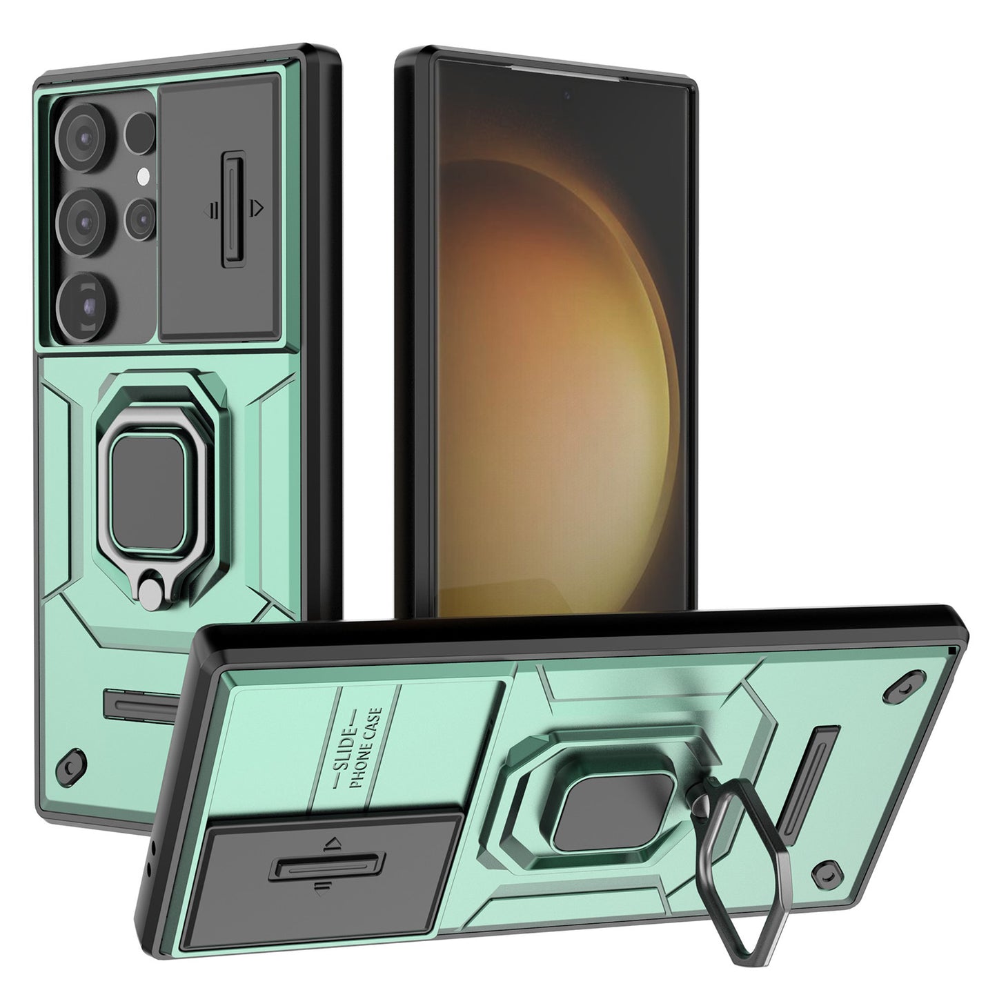 For Samsung Galaxy S24 Ultra Case Anti-Drop PC+TPU Kickstand Cover with Slide Lens Protection - Green