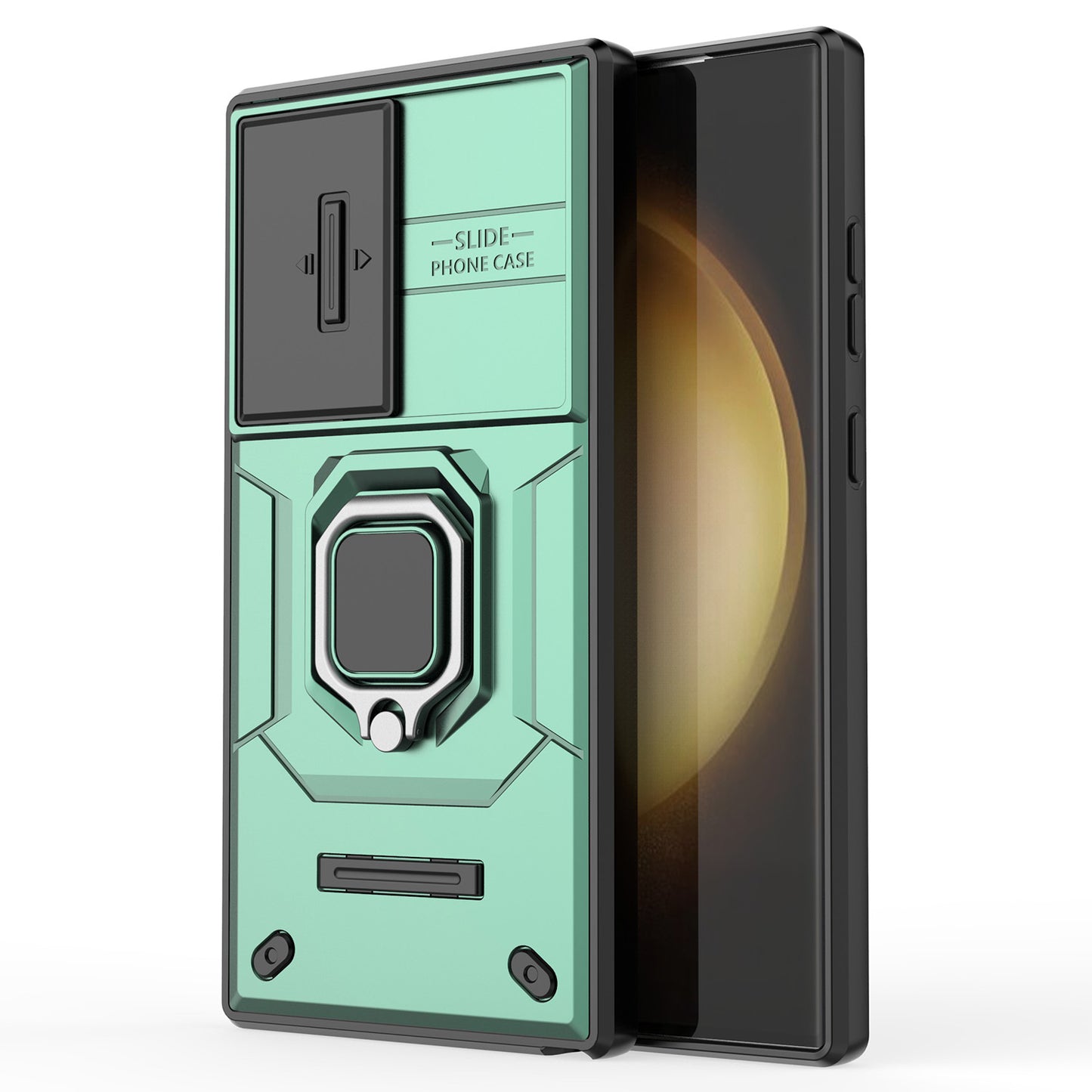 For Samsung Galaxy S24 Ultra Case Anti-Drop PC+TPU Kickstand Cover with Slide Lens Protection - Green
