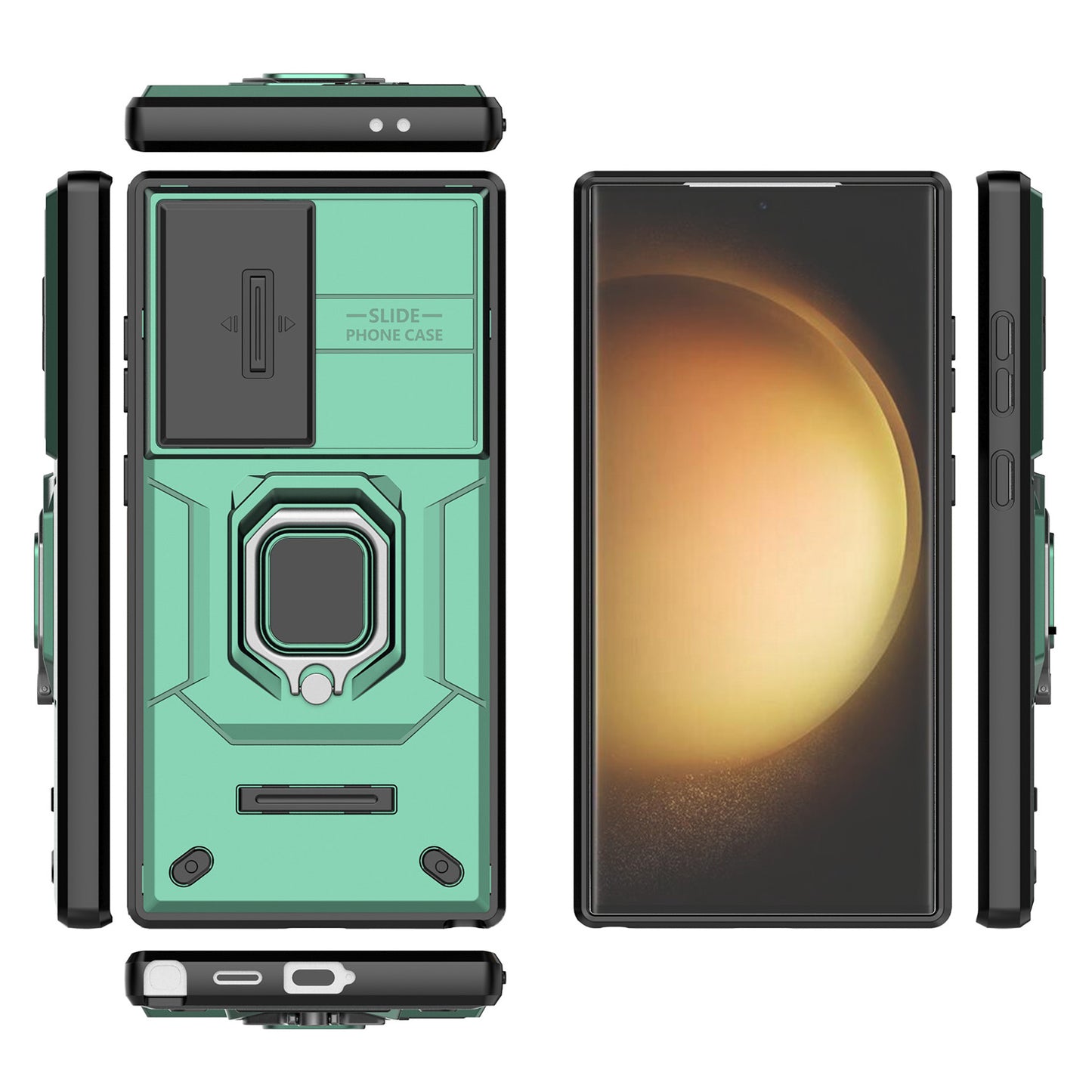 For Samsung Galaxy S24 Ultra Case Anti-Drop PC+TPU Kickstand Cover with Slide Lens Protection - Green