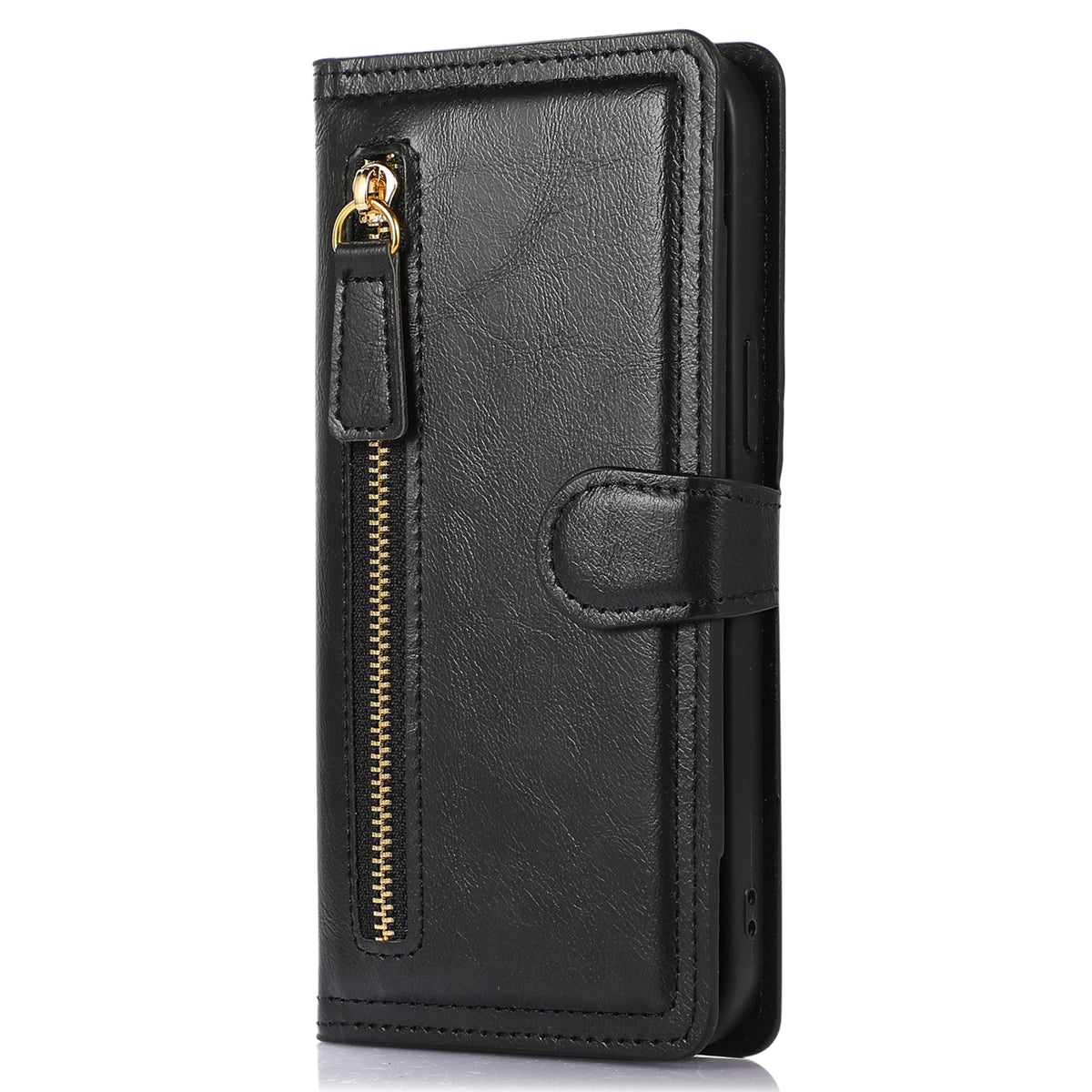 For Samsung Galaxy S24 Case Zipper Pocket PU Leather Viewing Stand Phone Cover - Black