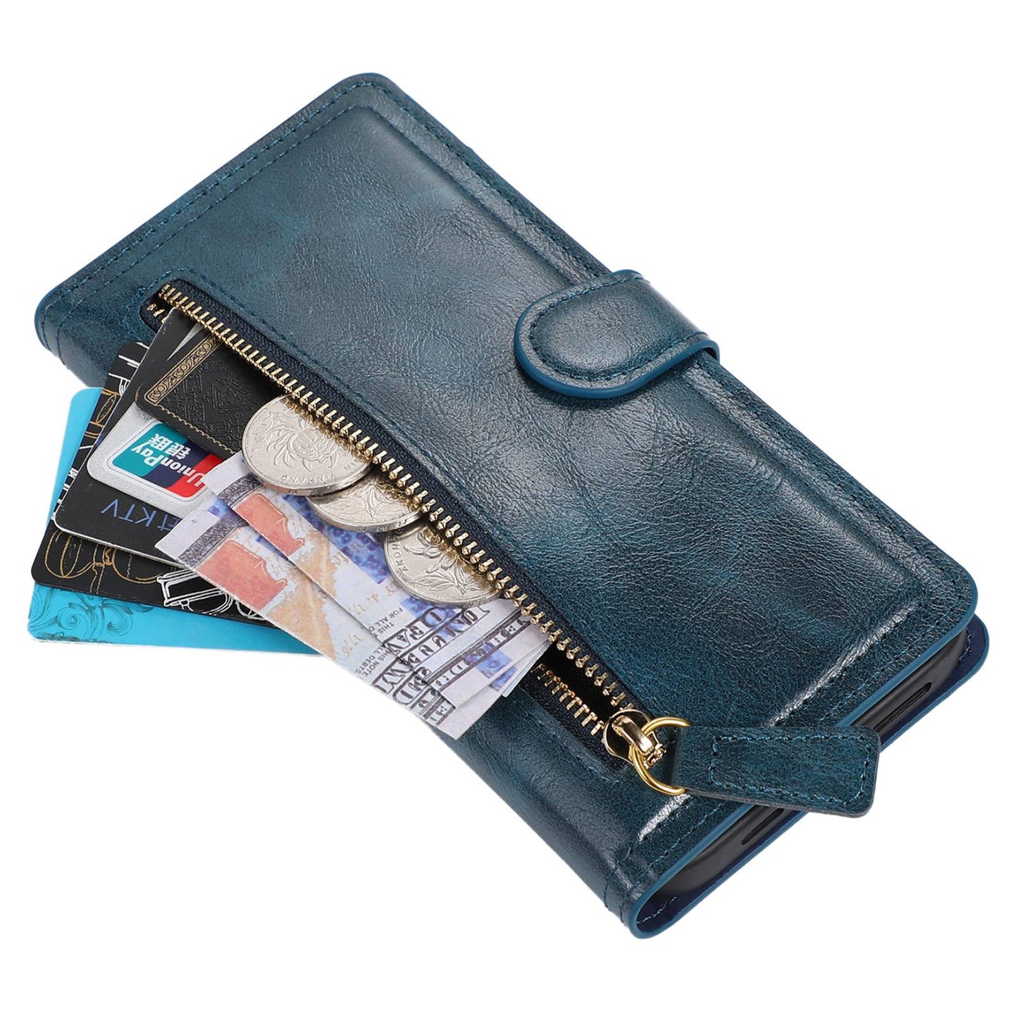 For Samsung Galaxy S24 Case Zipper Pocket PU Leather Viewing Stand Phone Cover - Blue