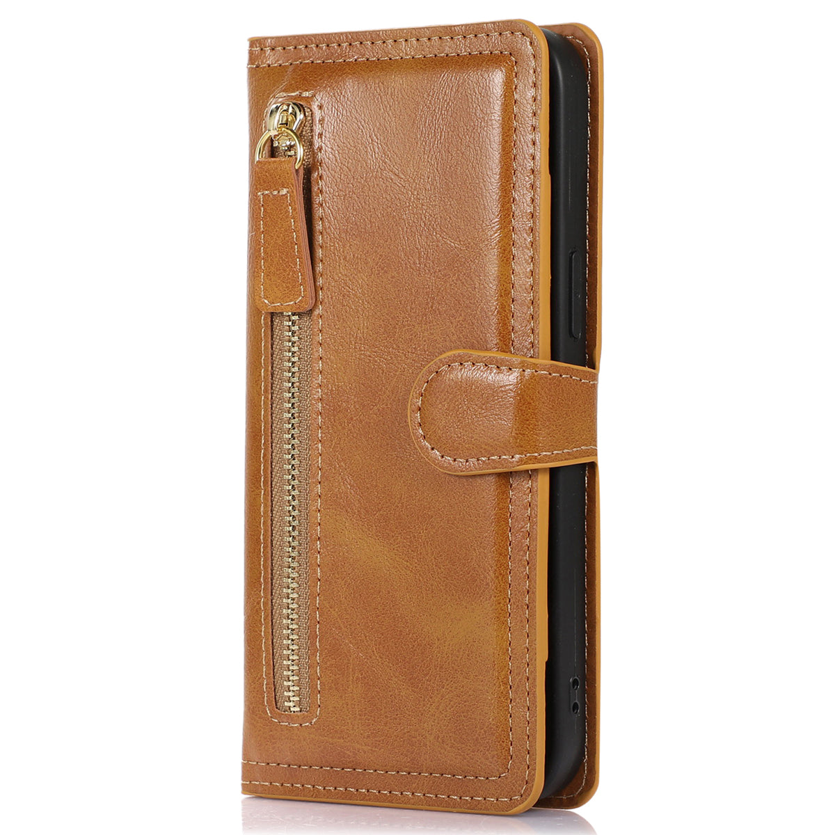 For Samsung Galaxy S24 Case Zipper Pocket PU Leather Viewing Stand Phone Cover - Orange