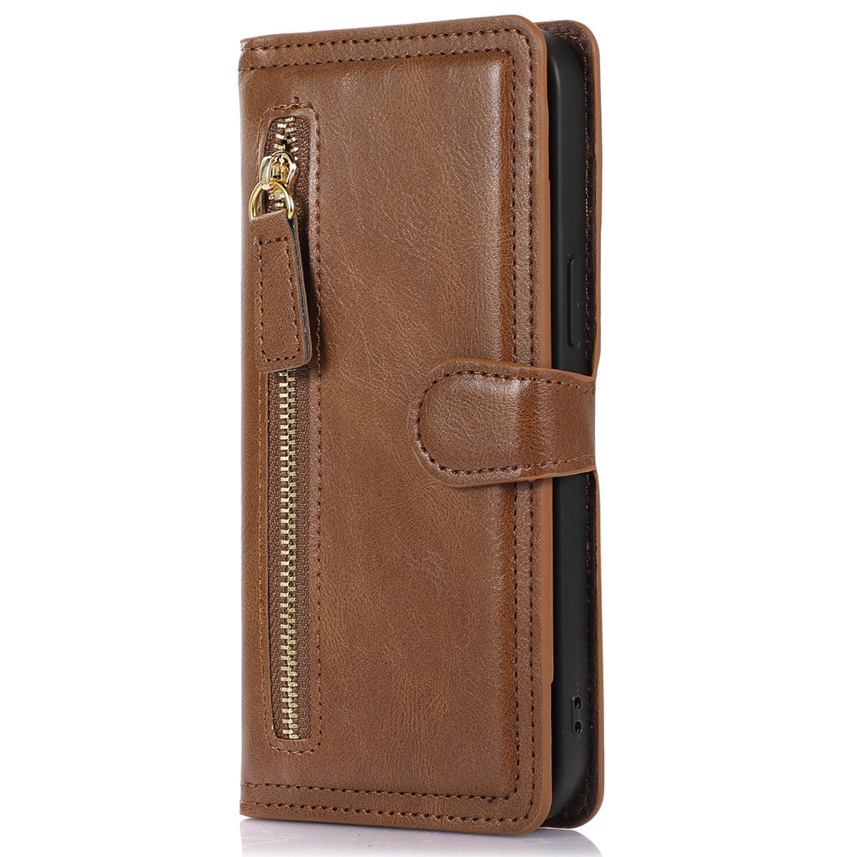For Samsung Galaxy S24 Case Zipper Pocket PU Leather Viewing Stand Phone Cover - Brown