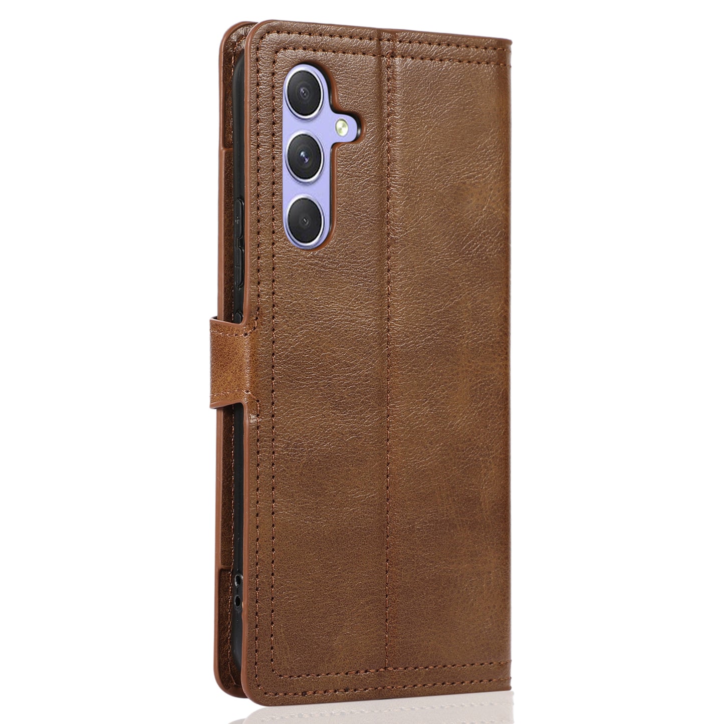 For Samsung Galaxy S24 Case Zipper Pocket PU Leather Viewing Stand Phone Cover - Brown