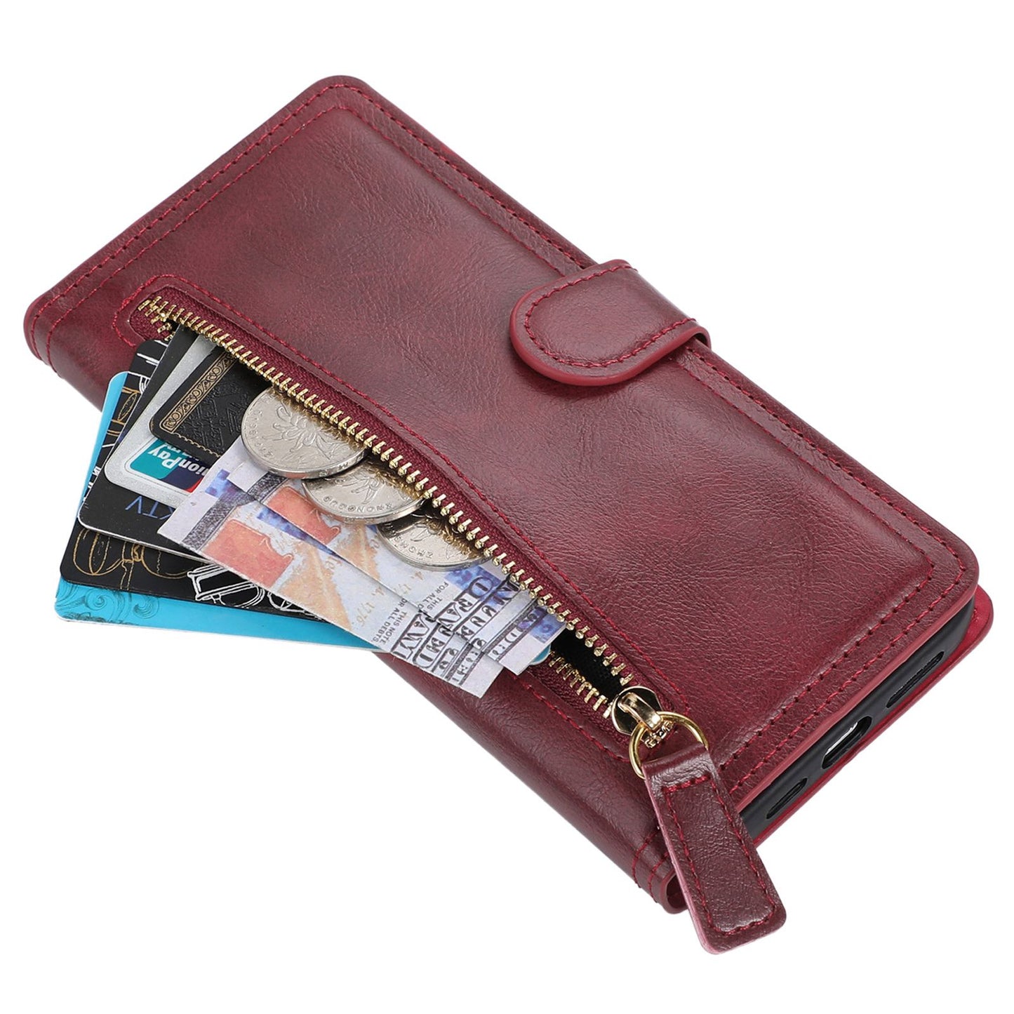 For Samsung Galaxy S24 Case Zipper Pocket PU Leather Viewing Stand Phone Cover - Red