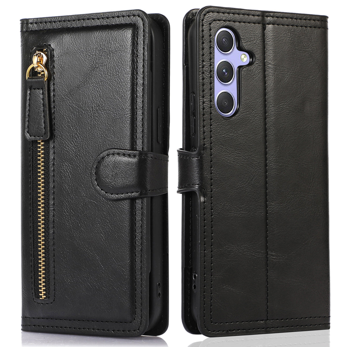 For Samsung Galaxy S24+ Case Zipper Pocket PU Leather Phone Cover with Wallet - Black