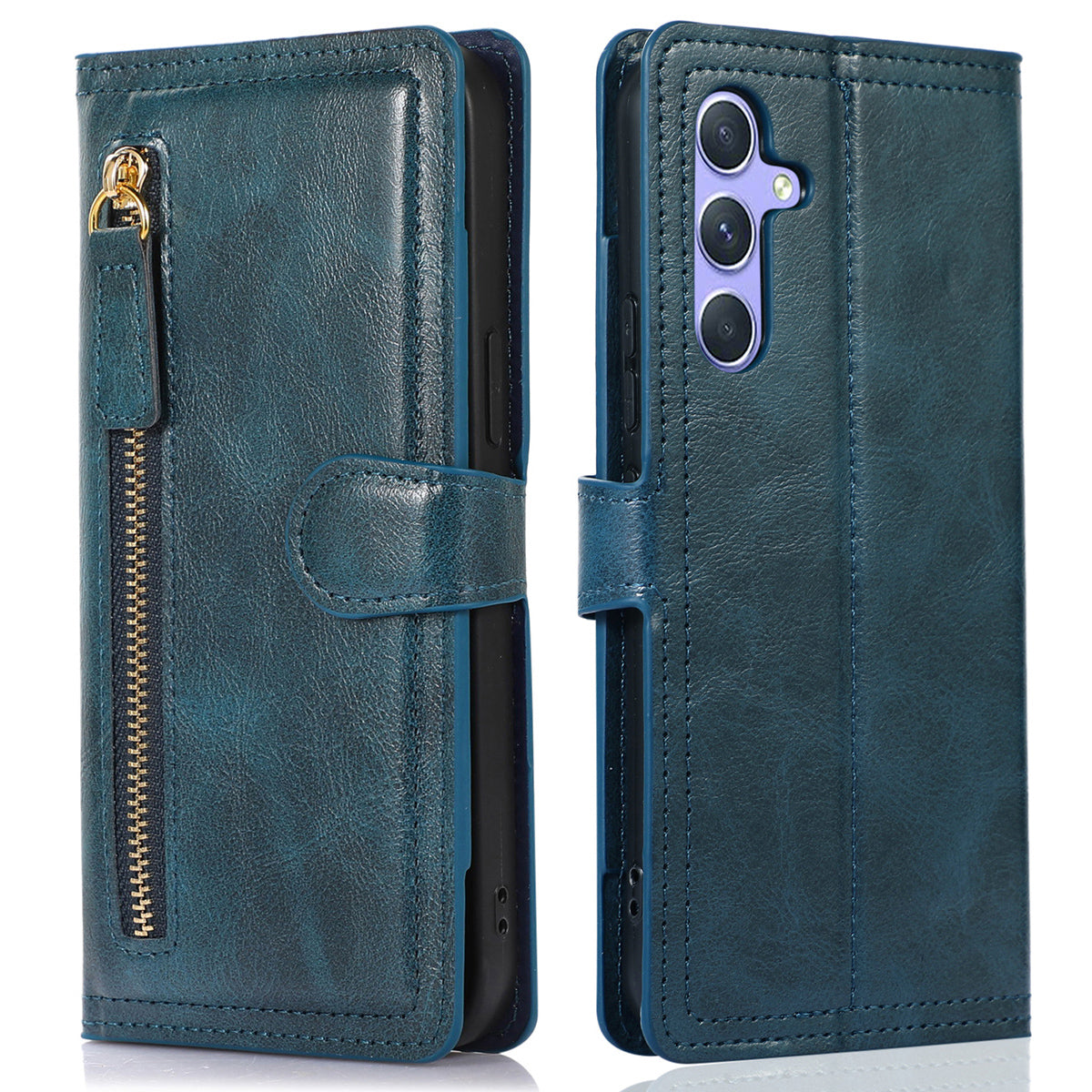 For Samsung Galaxy S24+ Case Zipper Pocket PU Leather Phone Cover with Wallet - Blue