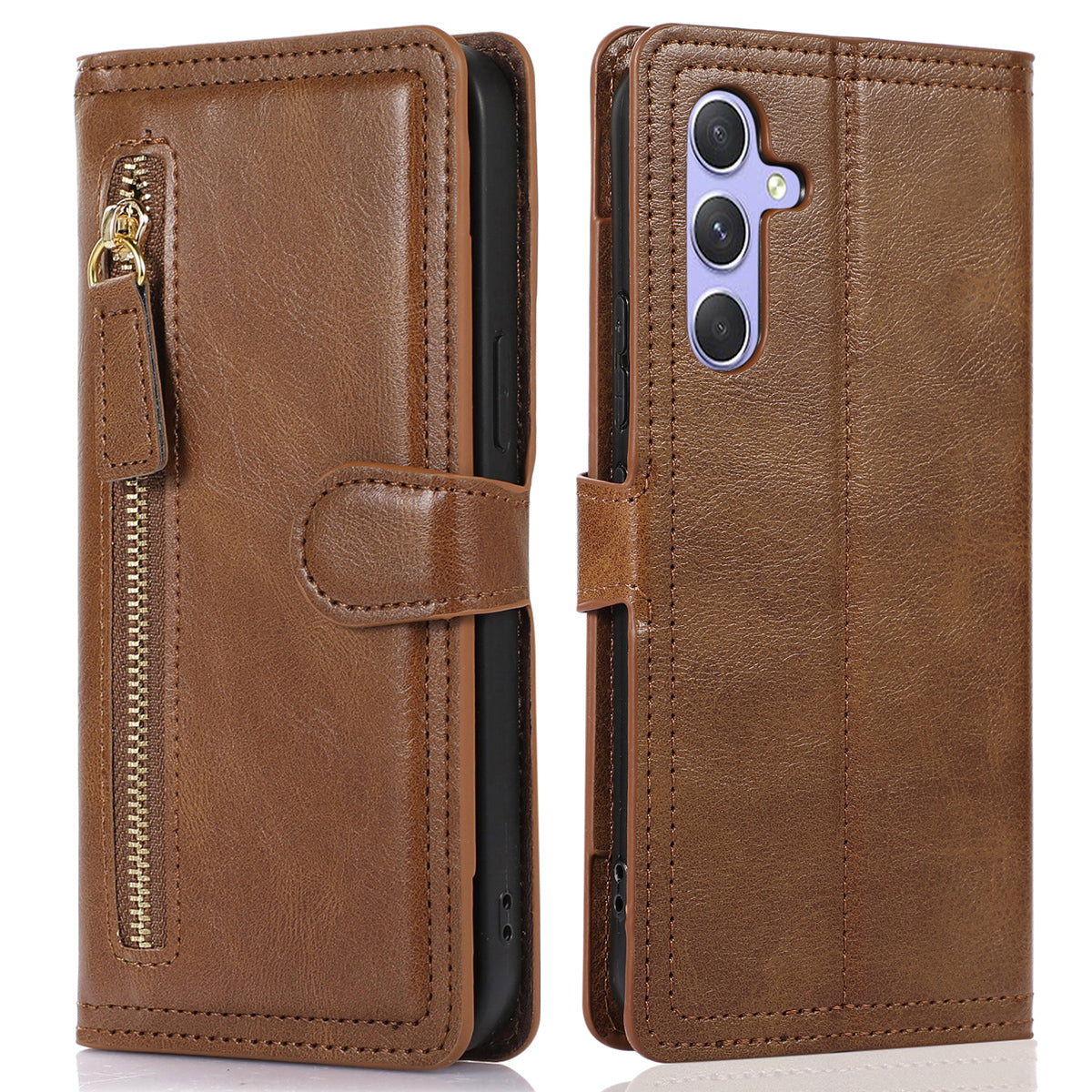 For Samsung Galaxy S24+ Case Zipper Pocket PU Leather Phone Cover with Wallet - Brown