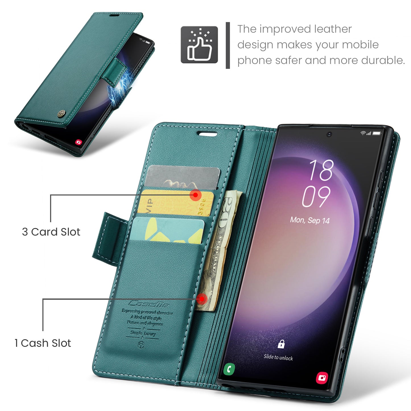 CASEME 023 Series For Samsung Galaxy S24 Ultra Case Glossy Litchi Texture Stand Phone Cover - Green