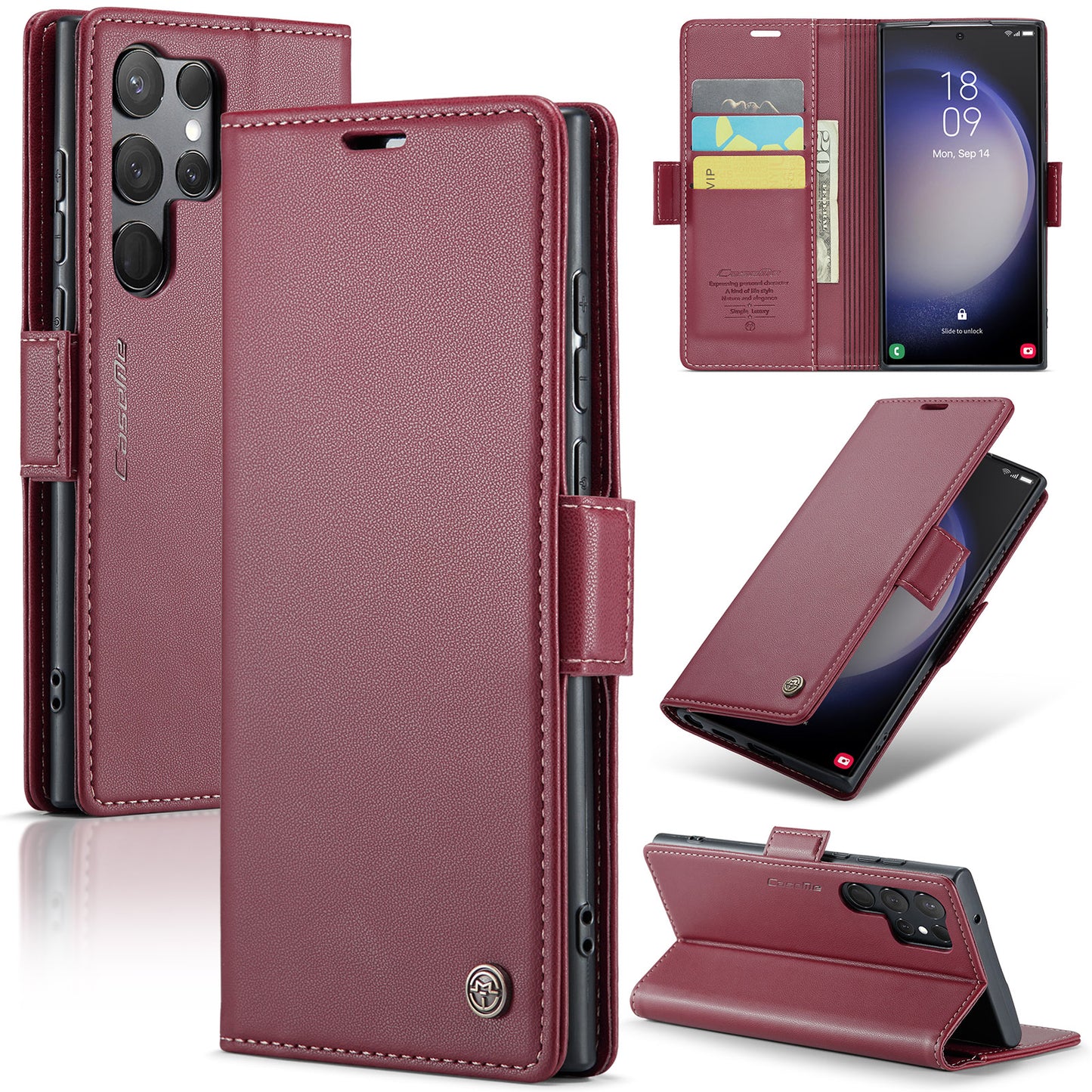 CASEME 023 Series For Samsung Galaxy S24 Ultra Case Glossy Litchi Texture Stand Phone Cover - Red