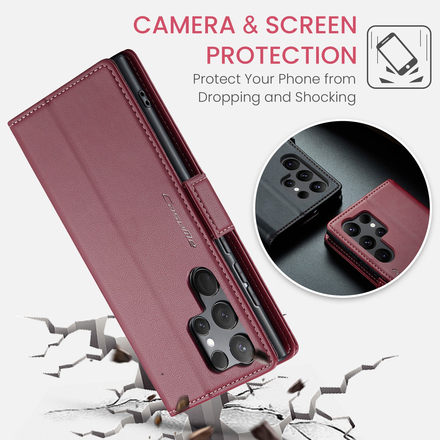 CASEME 023 Series For Samsung Galaxy S24 Ultra Case Glossy Litchi Texture Stand Phone Cover - Red