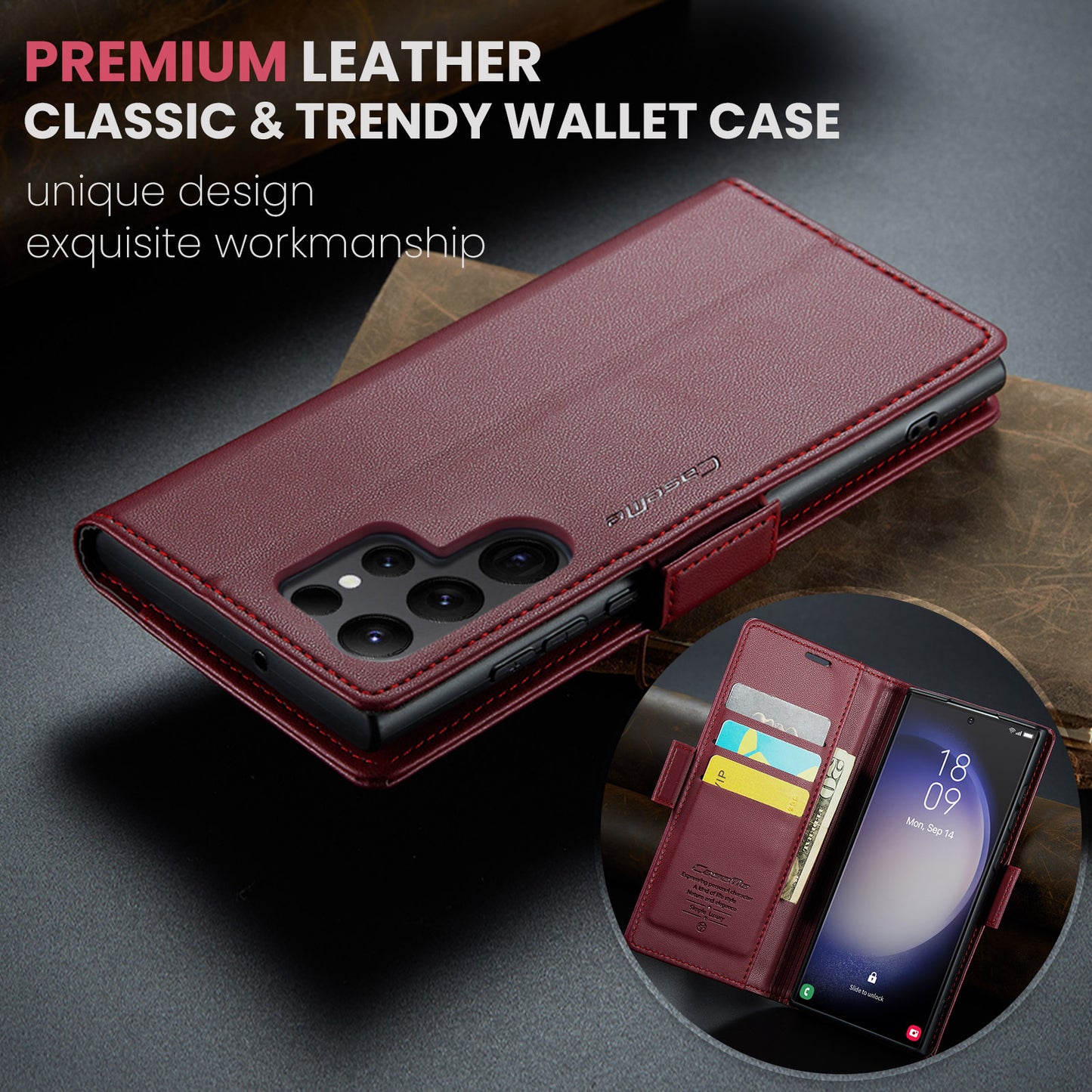 CASEME 023 Series For Samsung Galaxy S24 Ultra Case Glossy Litchi Texture Stand Phone Cover - Red