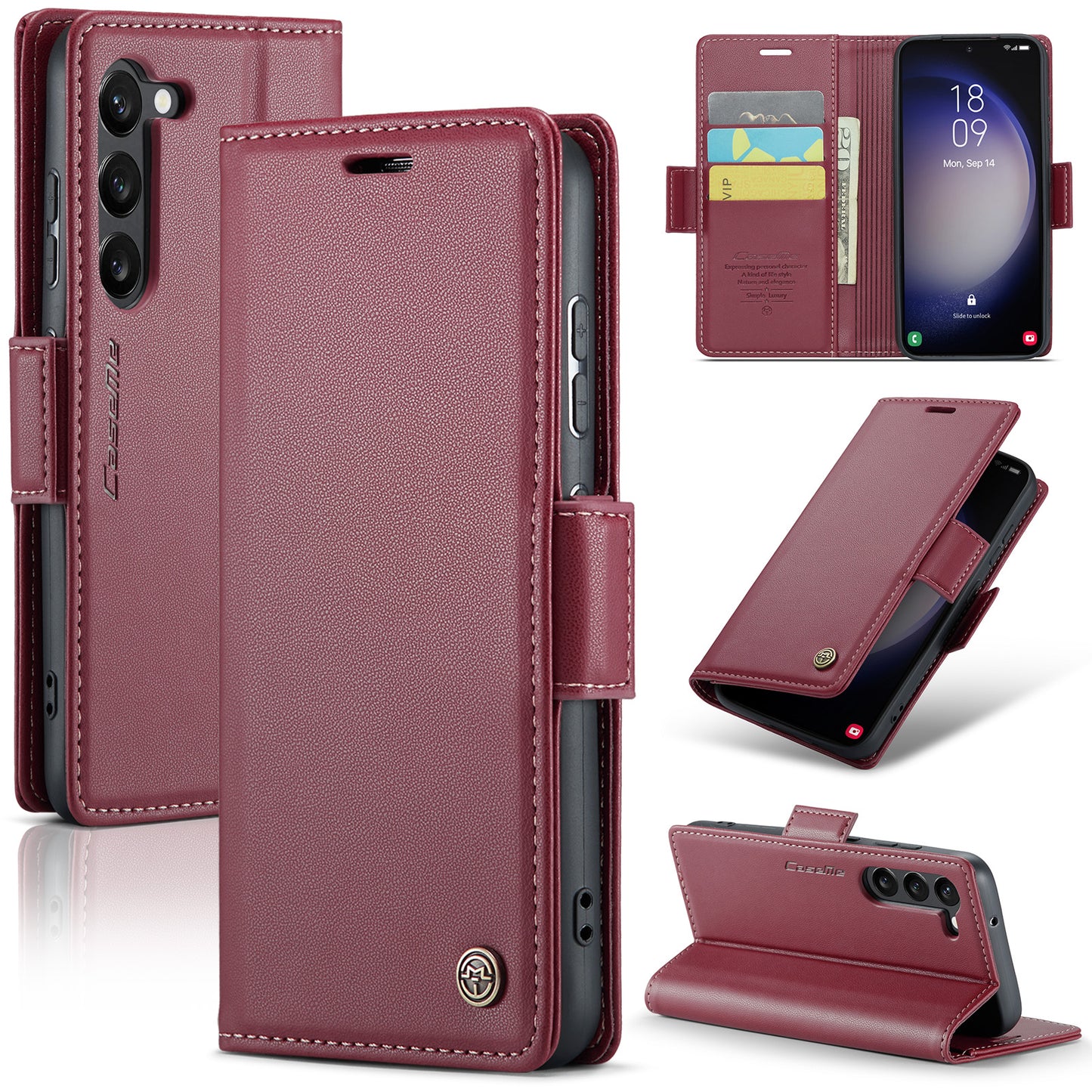 CASEME 023 Series For Samsung Galaxy S24 Case PU Leather RFID Blocking Smart Phone Protector - Red