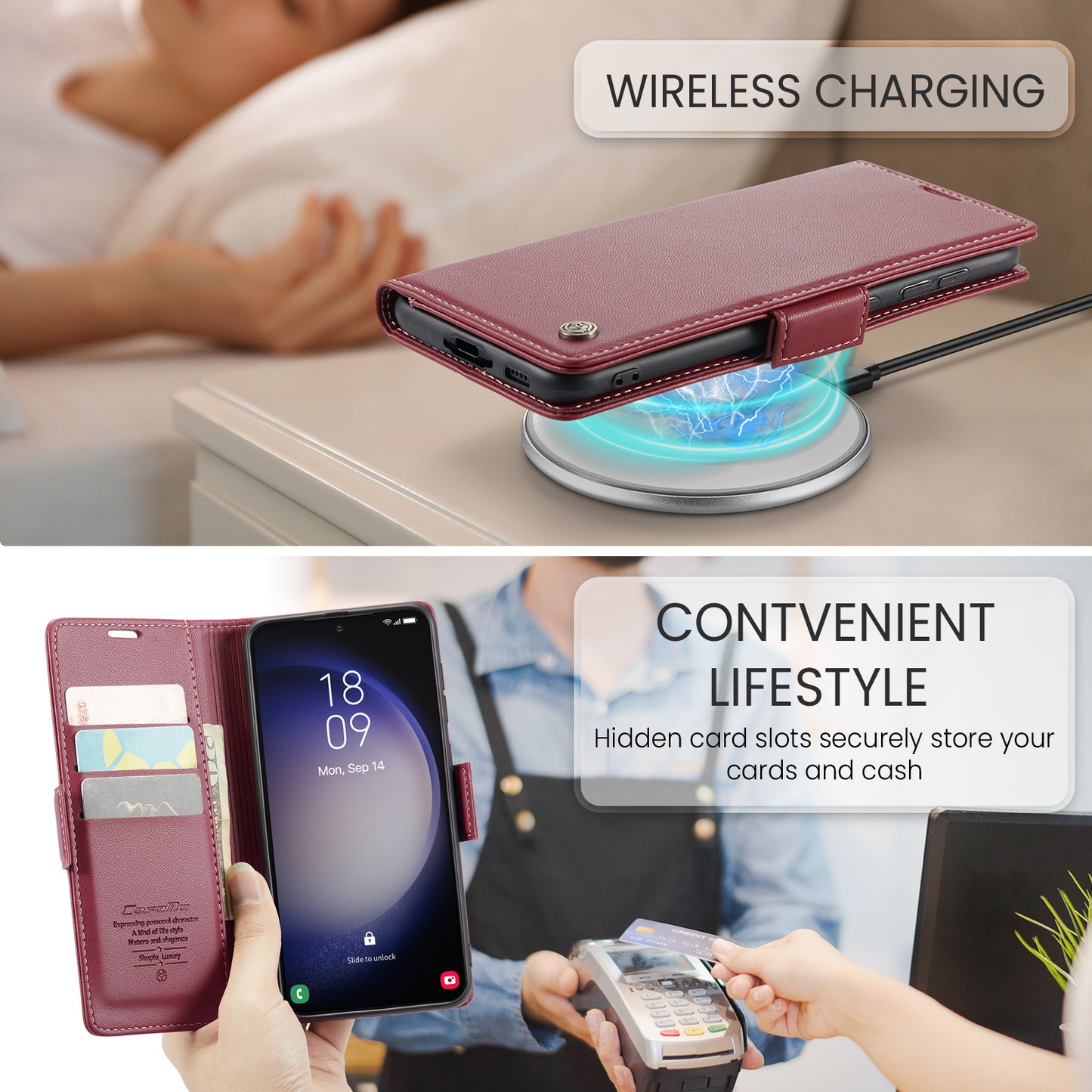 CASEME 023 Series For Samsung Galaxy S24 Case PU Leather RFID Blocking Smart Phone Protector - Red