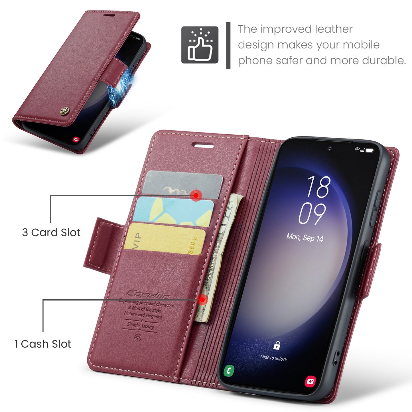 CASEME 023 Series For Samsung Galaxy S24 Case PU Leather RFID Blocking Smart Phone Protector - Red