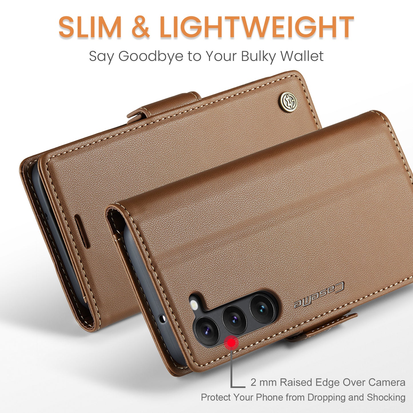 CASEME 023 Series For Samsung Galaxy S24 Case PU Leather RFID Blocking Smart Phone Protector - Brown