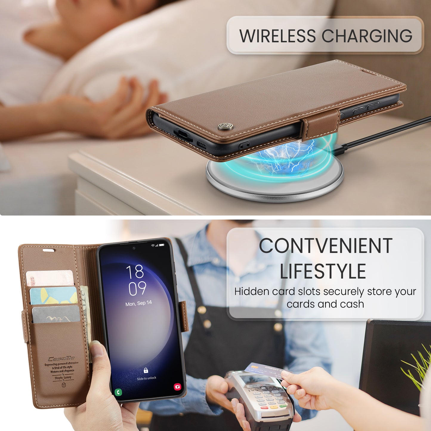 CASEME 023 Series For Samsung Galaxy S24 Case PU Leather RFID Blocking Smart Phone Protector - Brown