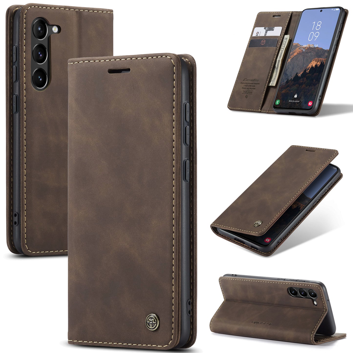 CASEME 013 Series For Samsung Galaxy S24+ Case PU Leather Wallet Mobile Phone Protector - Coffee